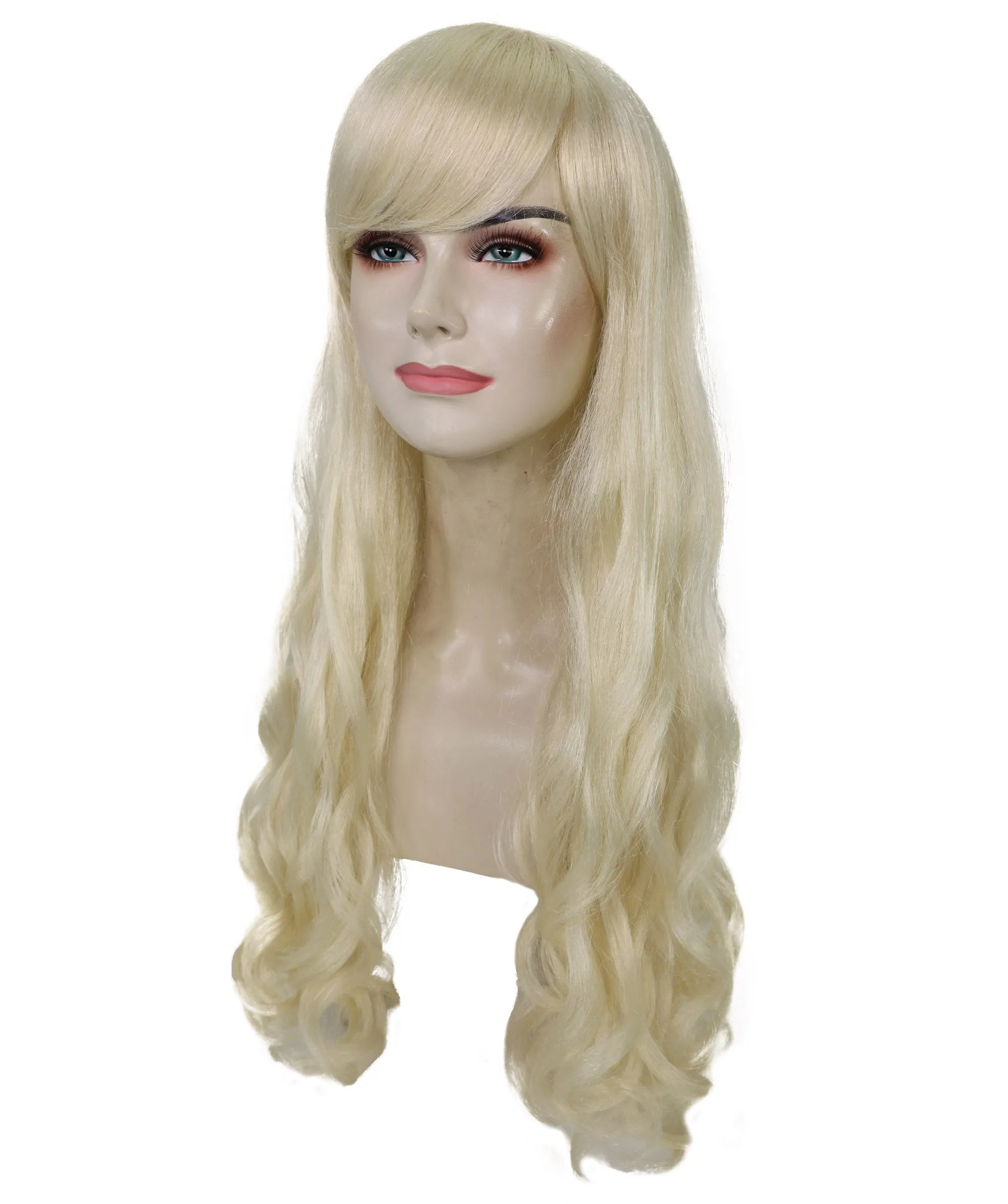 HPO Adult Women's  Long Curly Wig with Fringe | Multiple Color Option |Flame-retardant Synthetic Fiber Wig| Perfect for Halloween