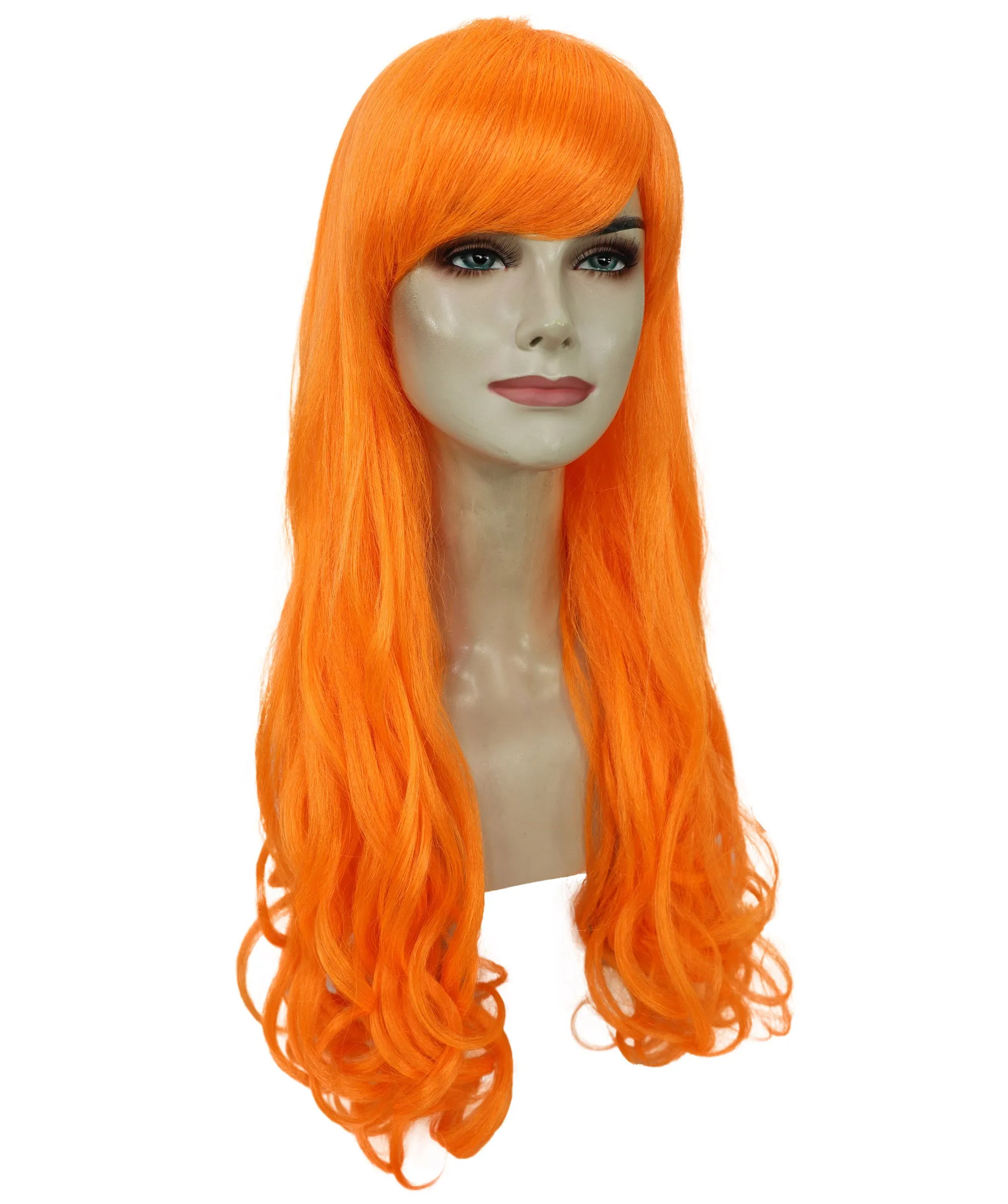 HPO Adult Women's  Long Curly Wig with Fringe | Multiple Color Option |Flame-retardant Synthetic Fiber Wig| Perfect for Halloween