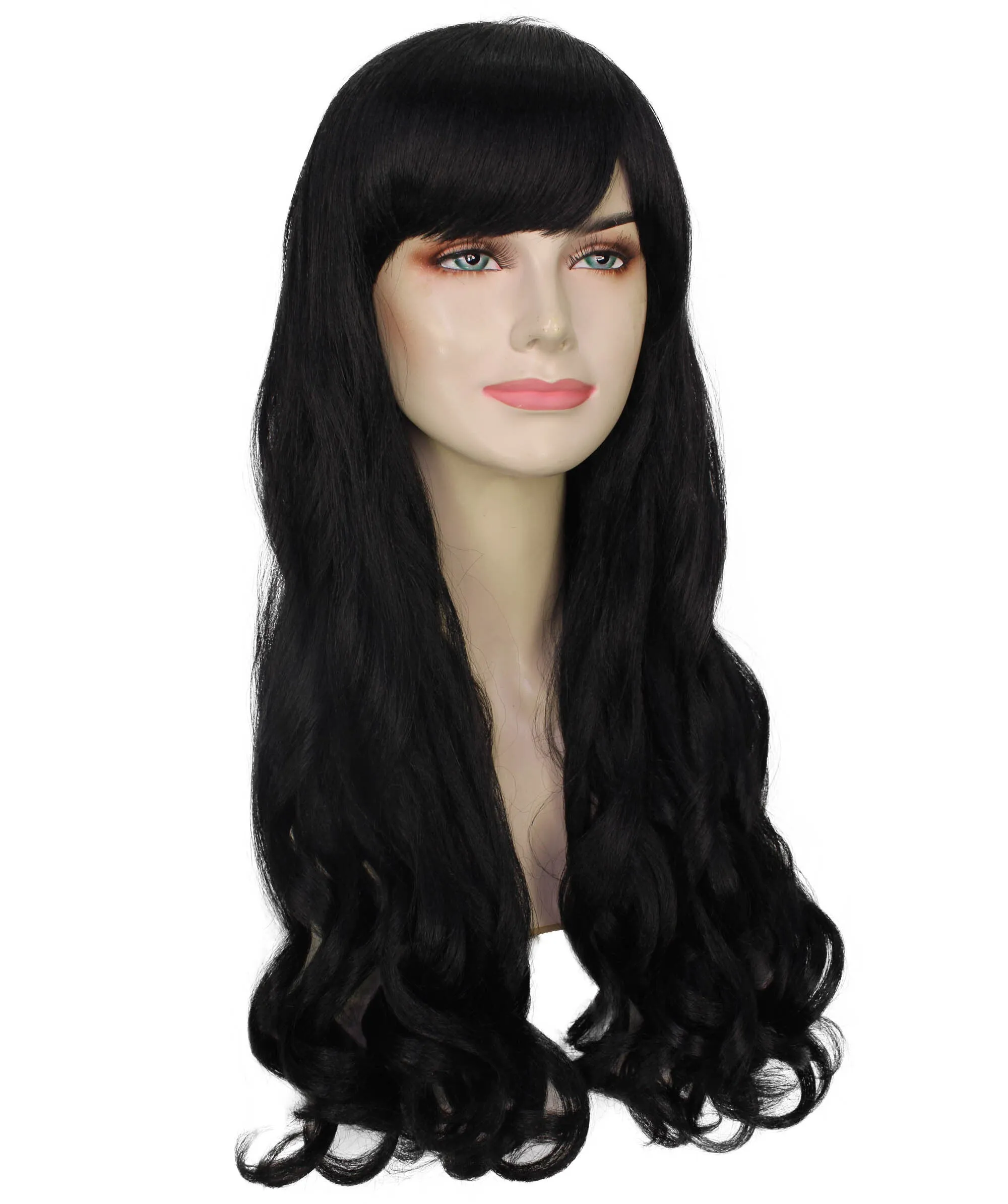 HPO Adult Women's  Long Curly Wig with Fringe | Multiple Color Option |Flame-retardant Synthetic Fiber Wig| Perfect for Halloween