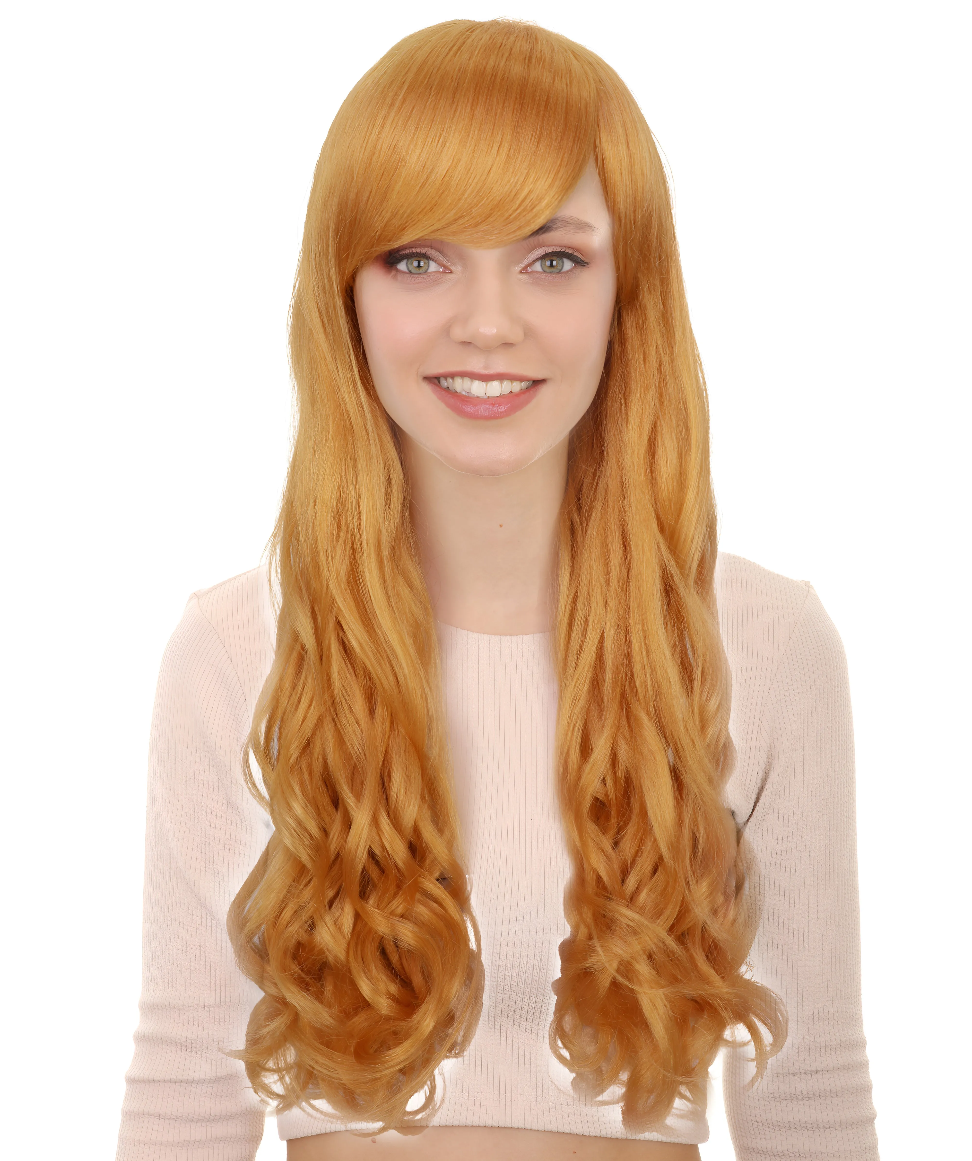 HPO Adult Women's  Long Curly Wig with Fringe | Multiple Color Option |Flame-retardant Synthetic Fiber Wig| Perfect for Halloween