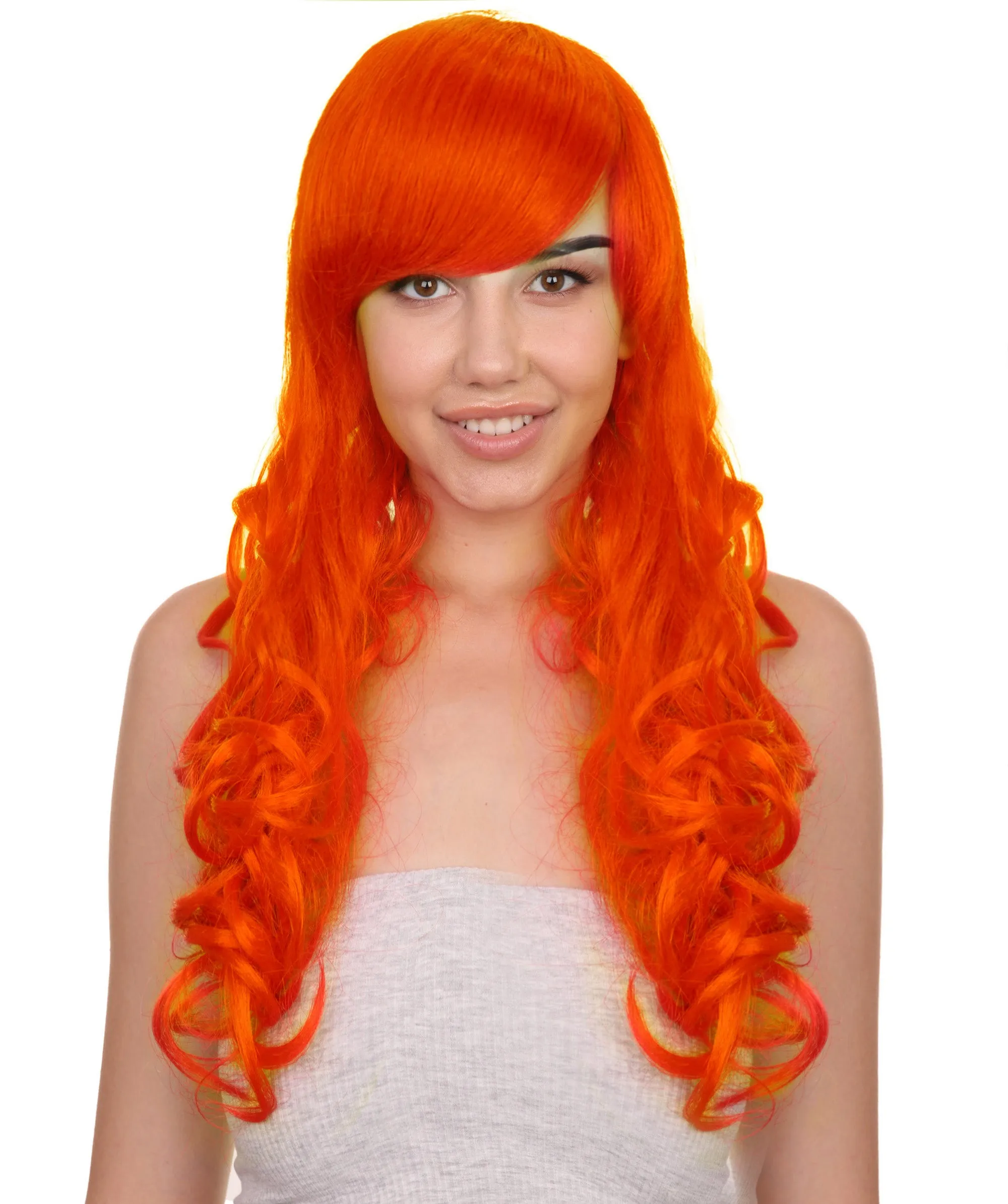 HPO Adult Women's  Long Curly Wig with Fringe | Multiple Color Option |Flame-retardant Synthetic Fiber Wig| Perfect for Halloween