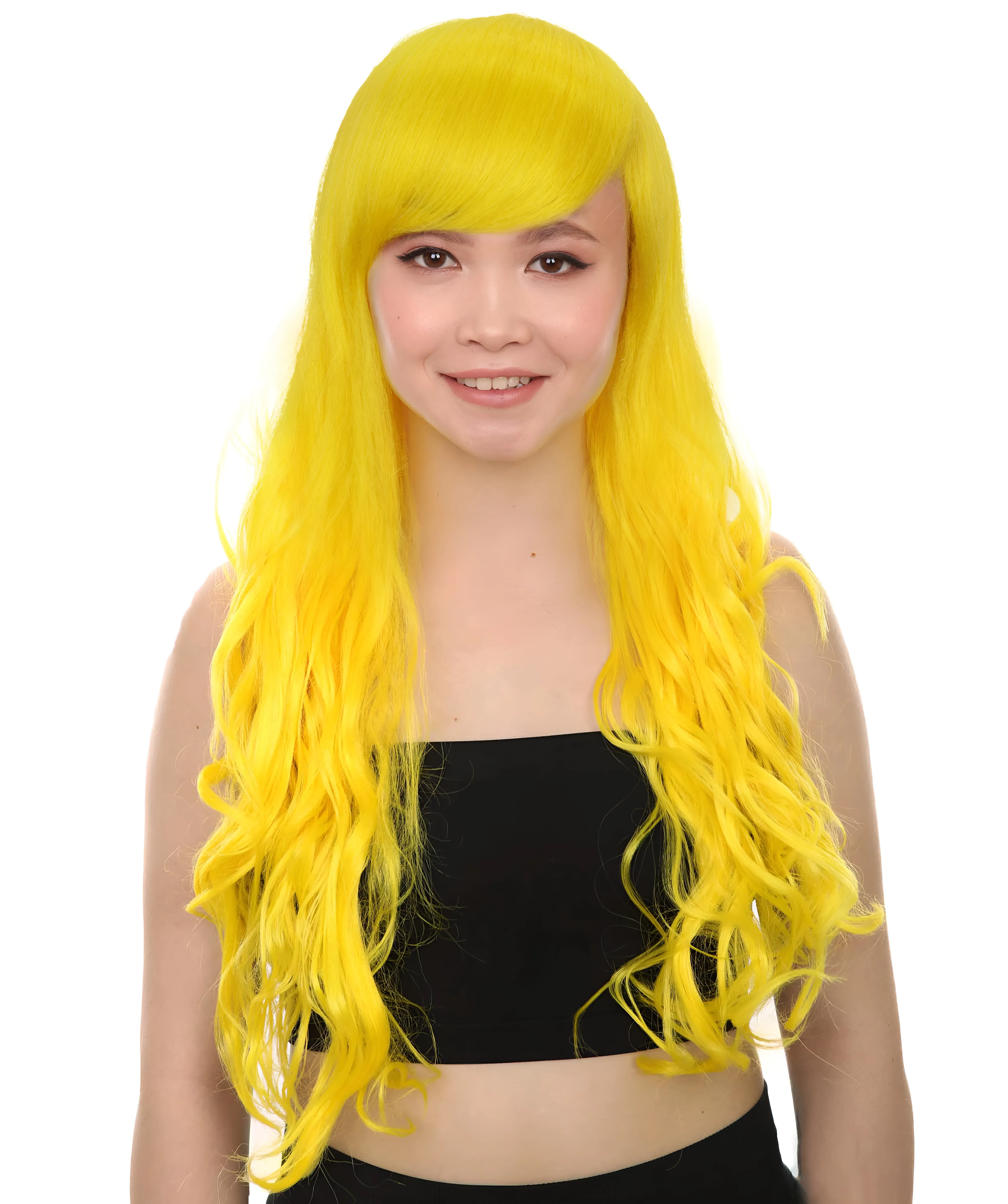 HPO Adult Women's  Long Curly Wig with Fringe | Multiple Color Option |Flame-retardant Synthetic Fiber Wig| Perfect for Halloween