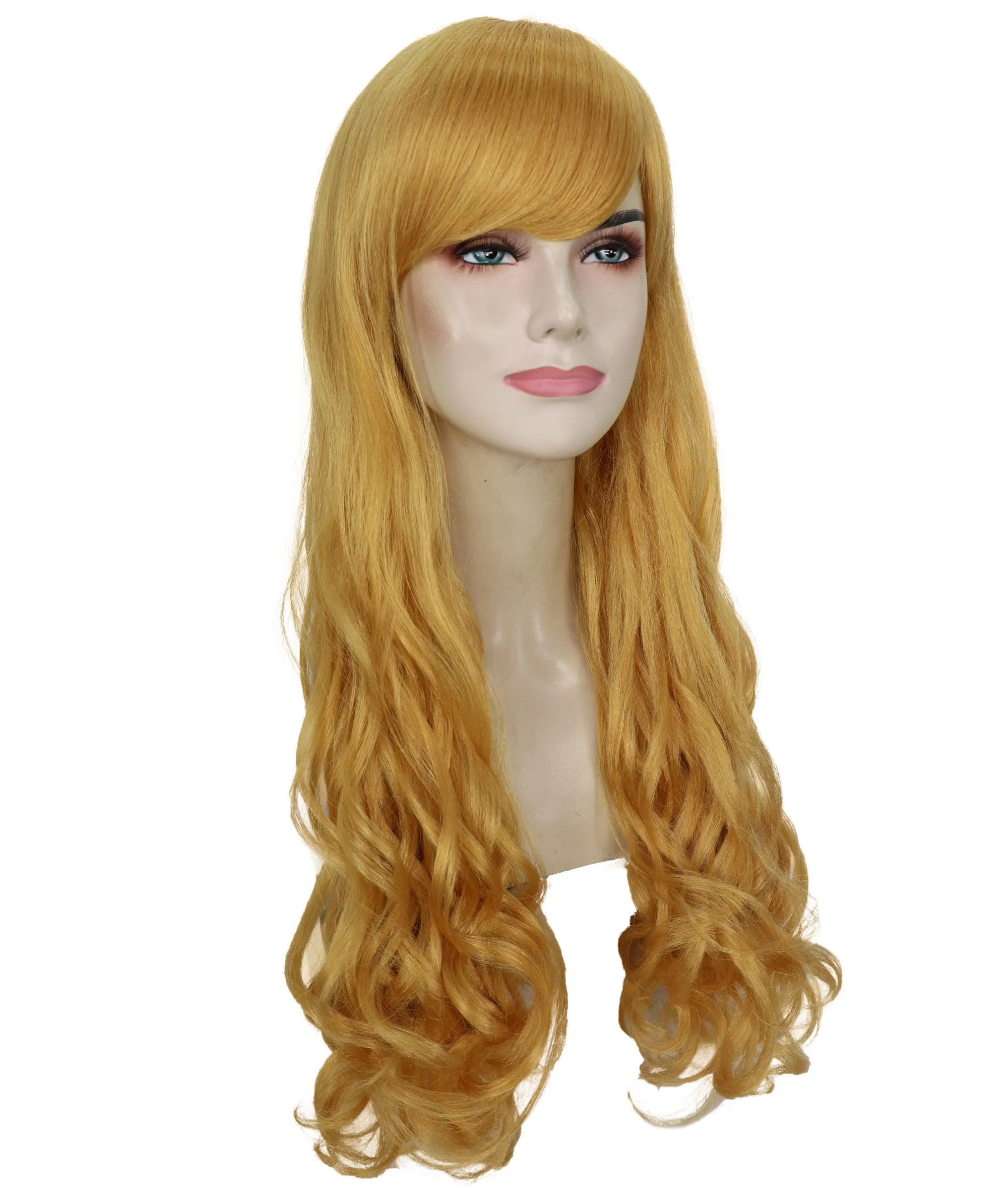 HPO Adult Women's  Long Curly Wig with Fringe | Multiple Color Option |Flame-retardant Synthetic Fiber Wig| Perfect for Halloween