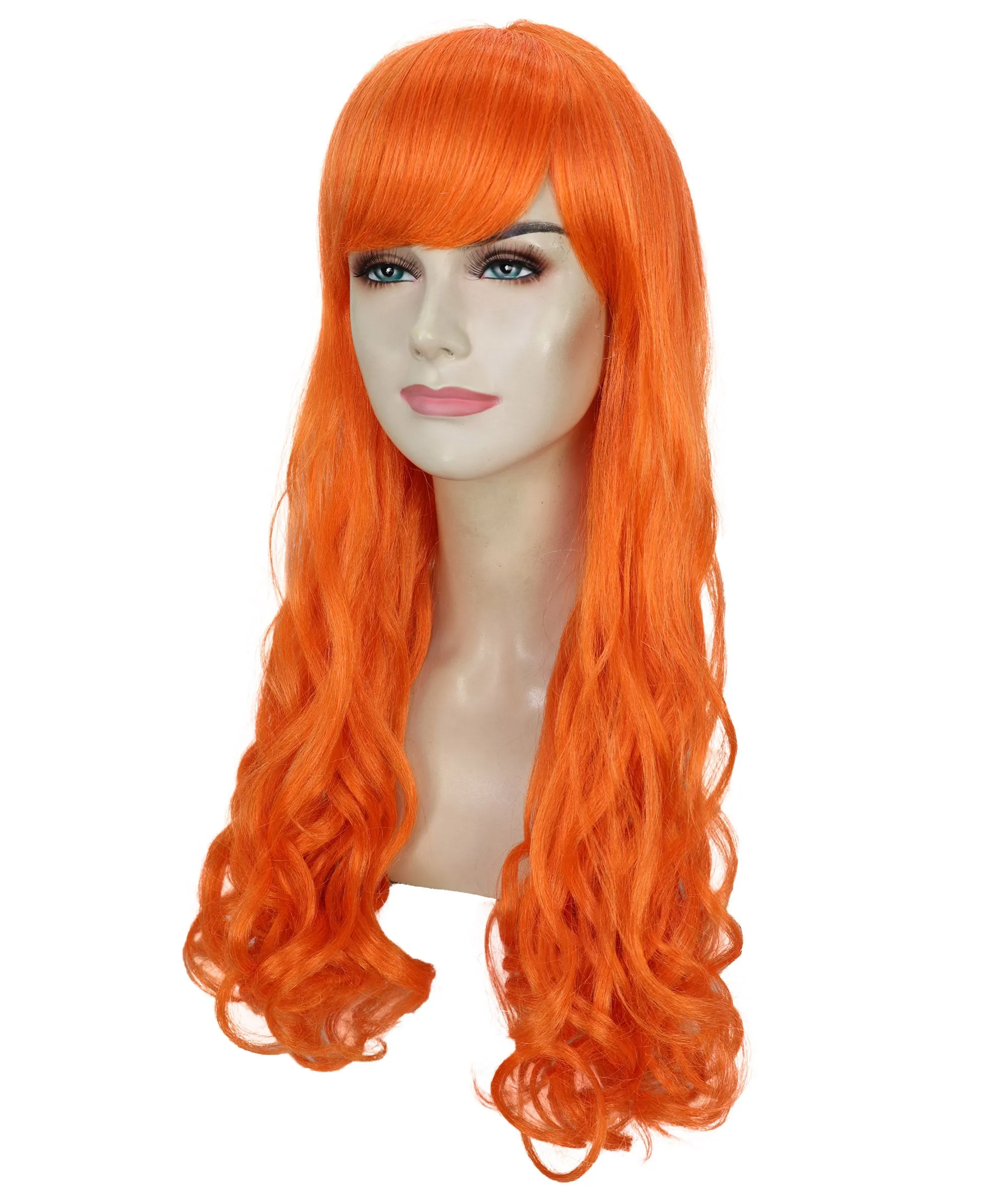 HPO Adult Women's  Long Curly Wig with Fringe | Multiple Color Option |Flame-retardant Synthetic Fiber Wig| Perfect for Halloween