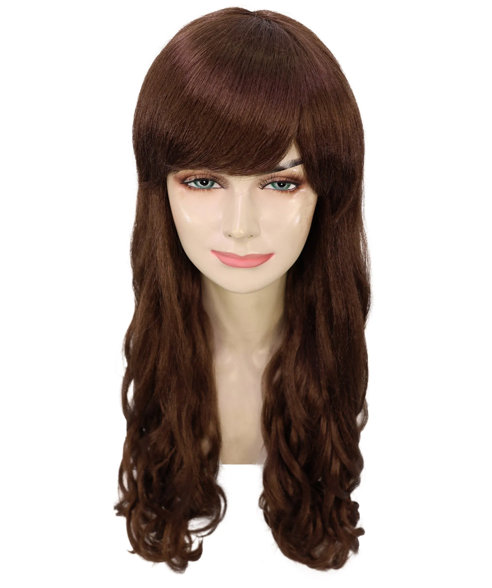 HPO Adult Women's  Long Curly Wig with Fringe | Multiple Color Option |Flame-retardant Synthetic Fiber Wig| Perfect for Halloween