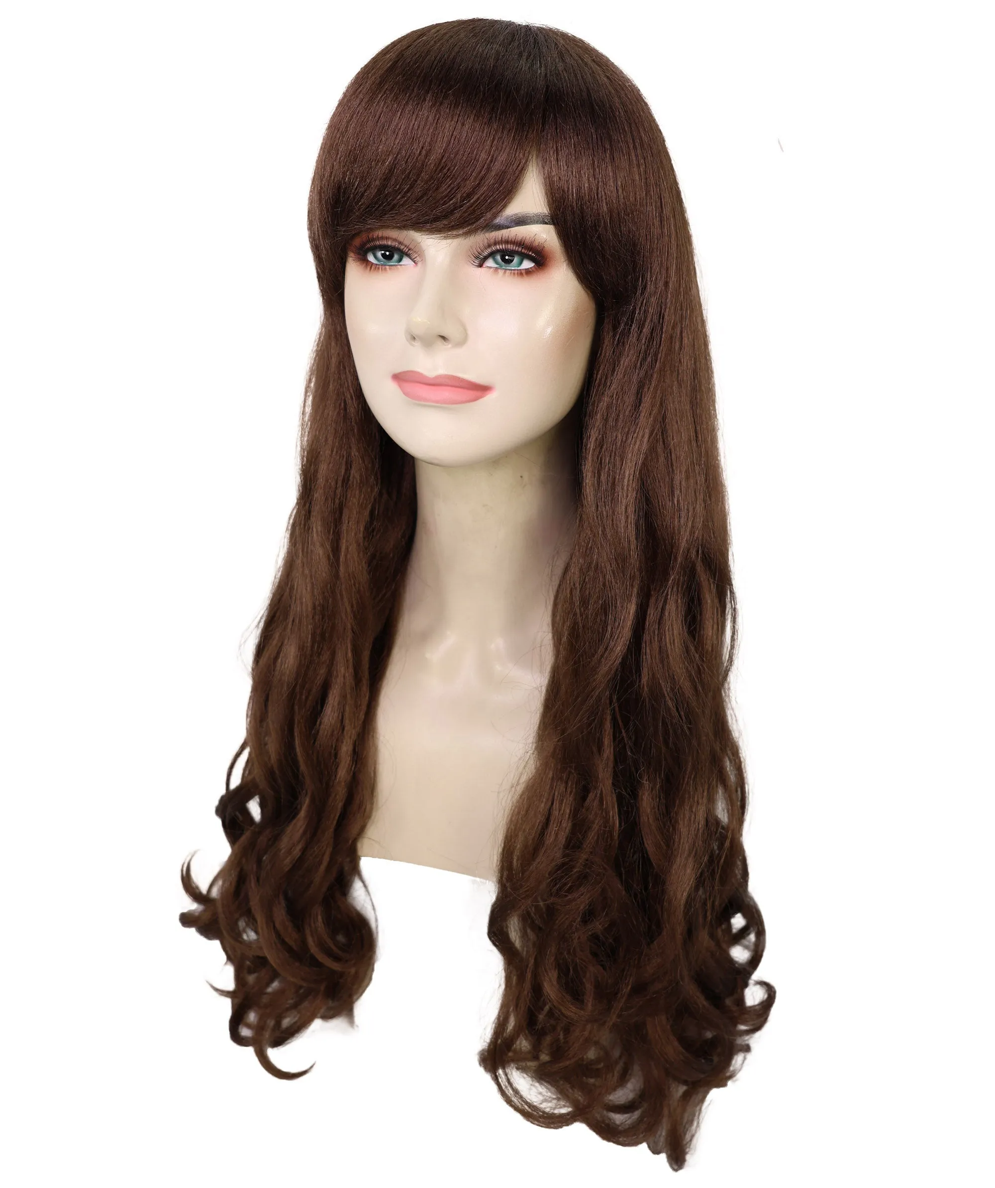HPO Adult Women's  Long Curly Wig with Fringe | Multiple Color Option |Flame-retardant Synthetic Fiber Wig| Perfect for Halloween