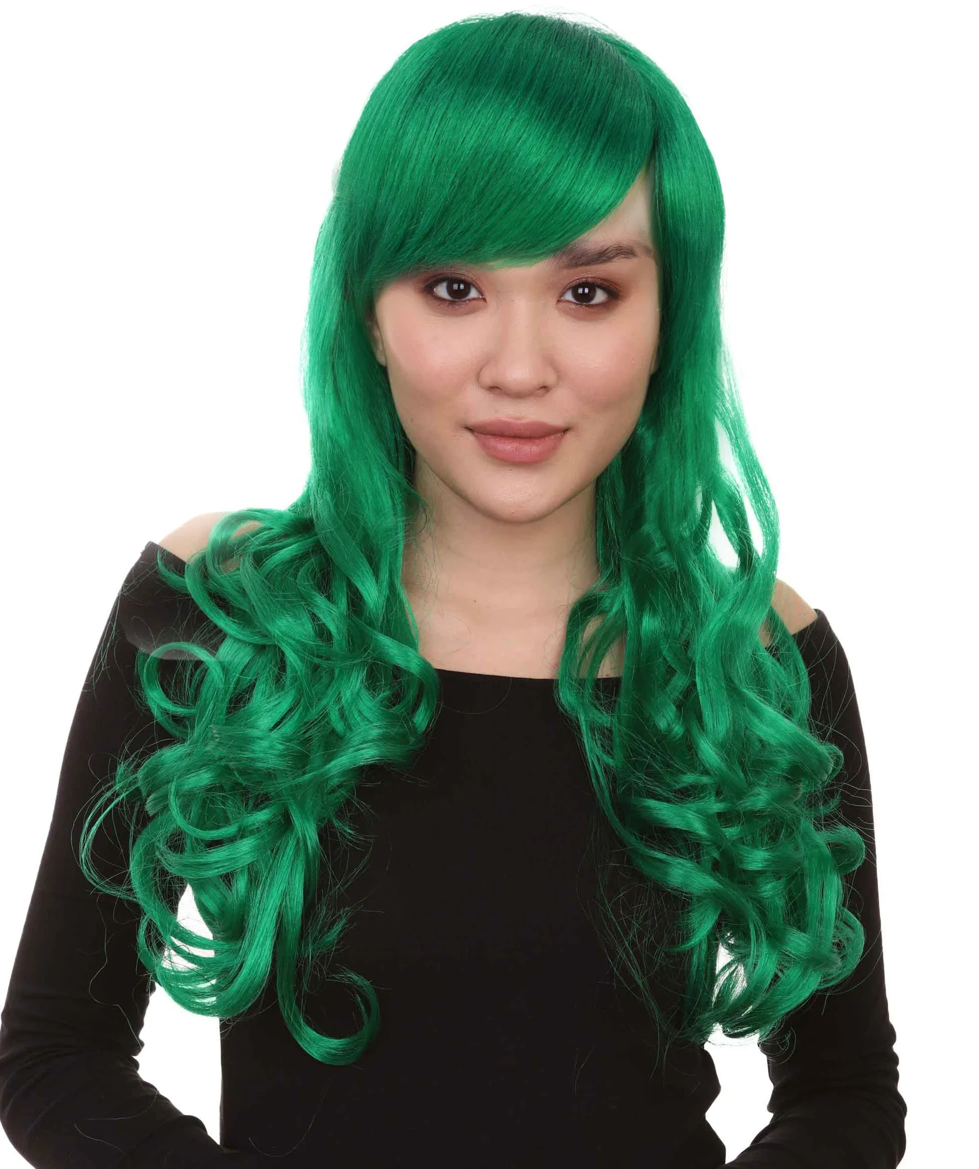 HPO Adult Women's  Long Curly Wig with Fringe | Multiple Color Option |Flame-retardant Synthetic Fiber Wig| Perfect for Halloween