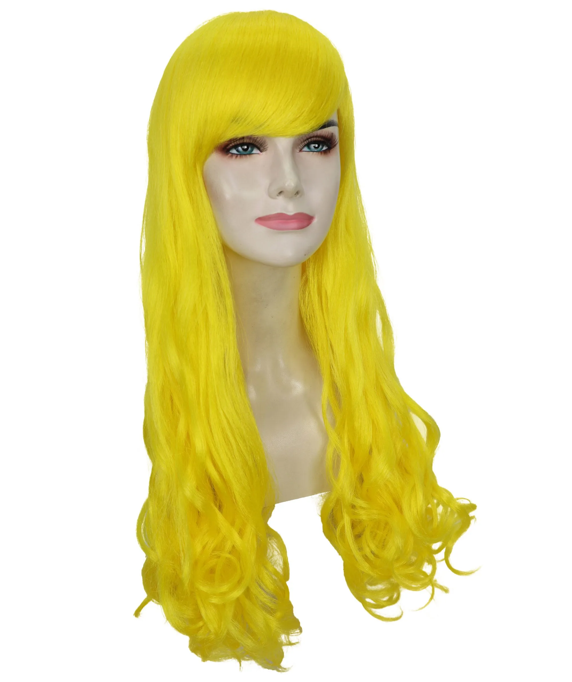 HPO Adult Women's  Long Curly Wig with Fringe | Multiple Color Option |Flame-retardant Synthetic Fiber Wig| Perfect for Halloween