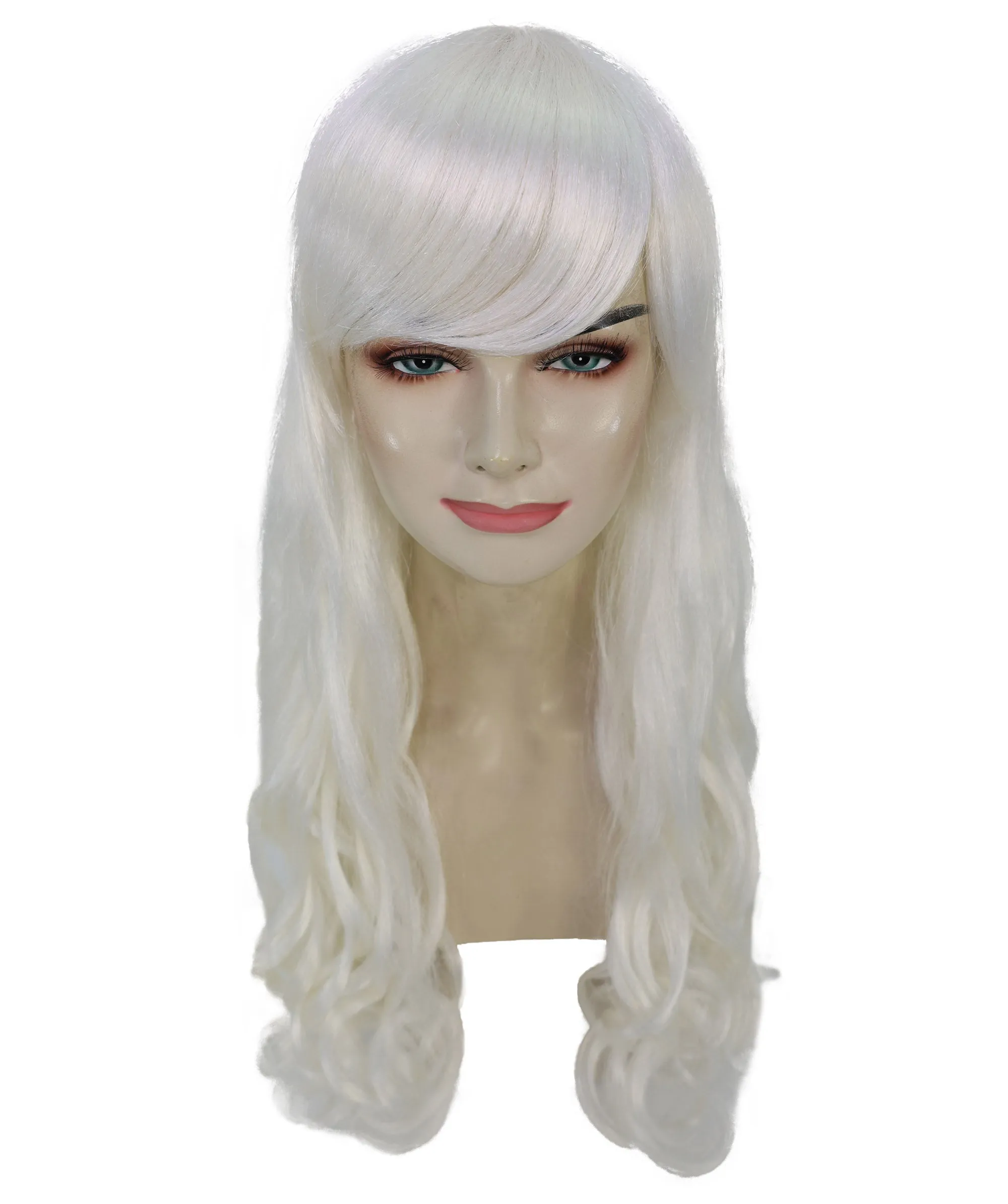 HPO Adult Women's  Long Curly Wig with Fringe | Multiple Color Option |Flame-retardant Synthetic Fiber Wig| Perfect for Halloween