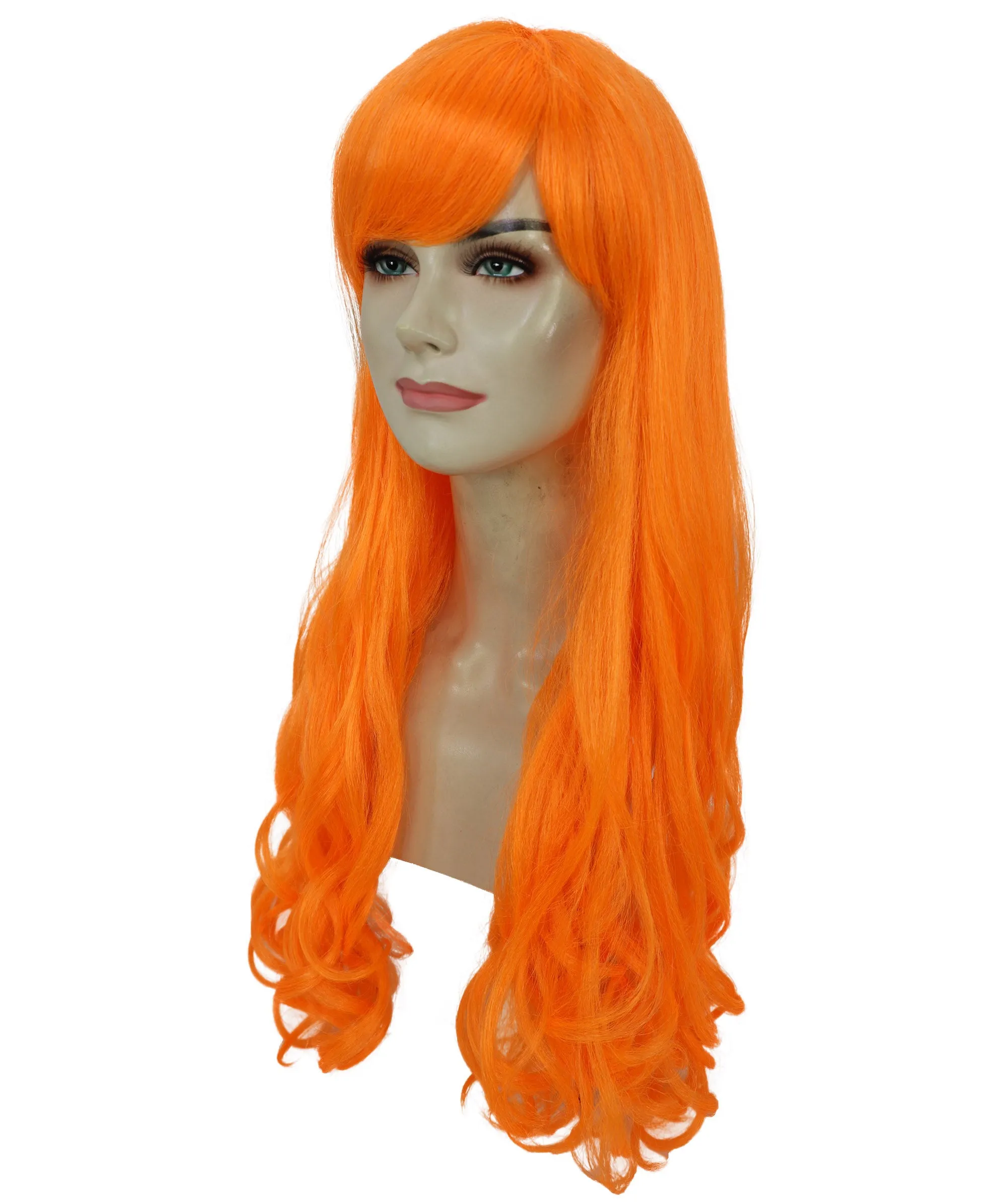 HPO Adult Women's  Long Curly Wig with Fringe | Multiple Color Option |Flame-retardant Synthetic Fiber Wig| Perfect for Halloween