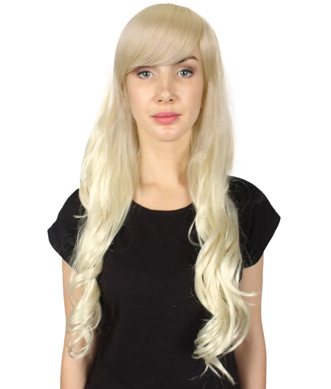 HPO Adult Women's  Long Curly Wig with Fringe | Multiple Color Option |Flame-retardant Synthetic Fiber Wig| Perfect for Halloween