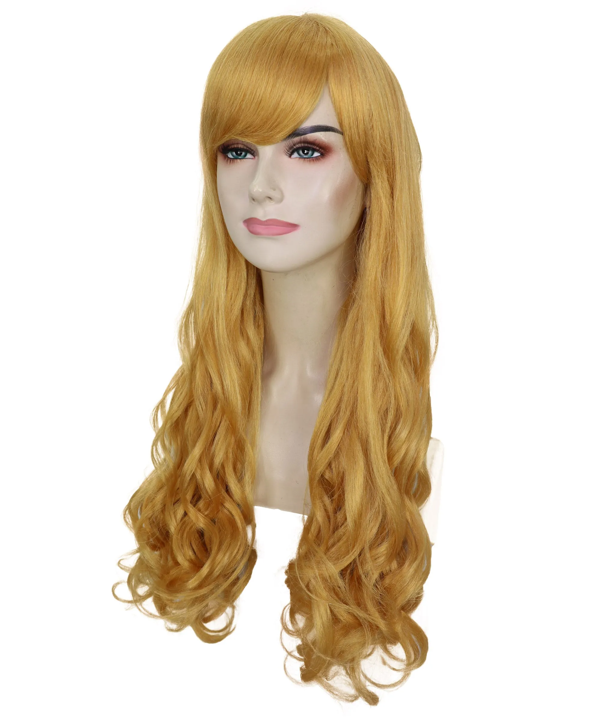 HPO Adult Women's  Long Curly Wig with Fringe | Multiple Color Option |Flame-retardant Synthetic Fiber Wig| Perfect for Halloween