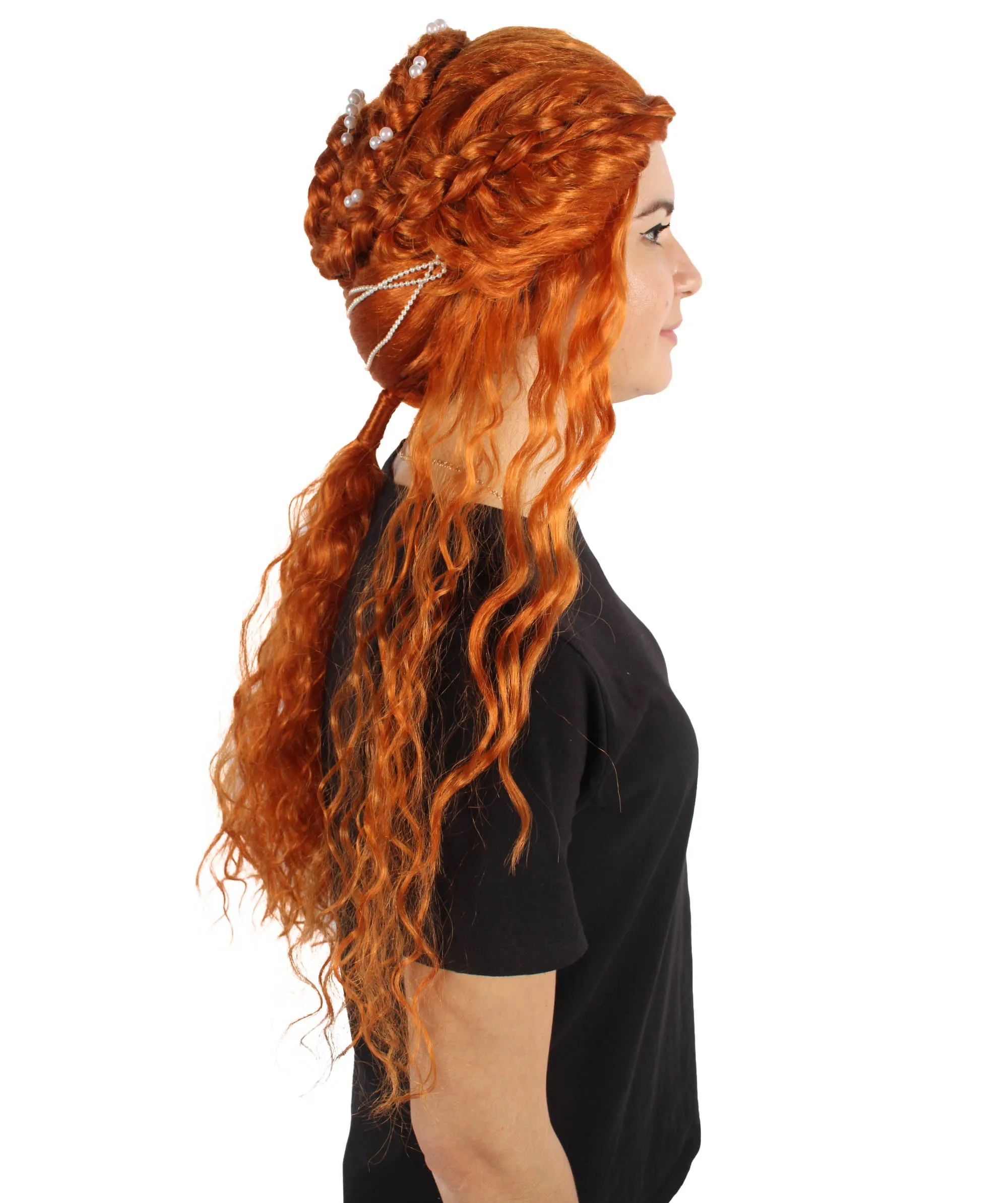 HPO Adult Women's Renaissance Long Curly Orange Wig | Perfect for Halloween| Flame-retardant Synthetic Fiber