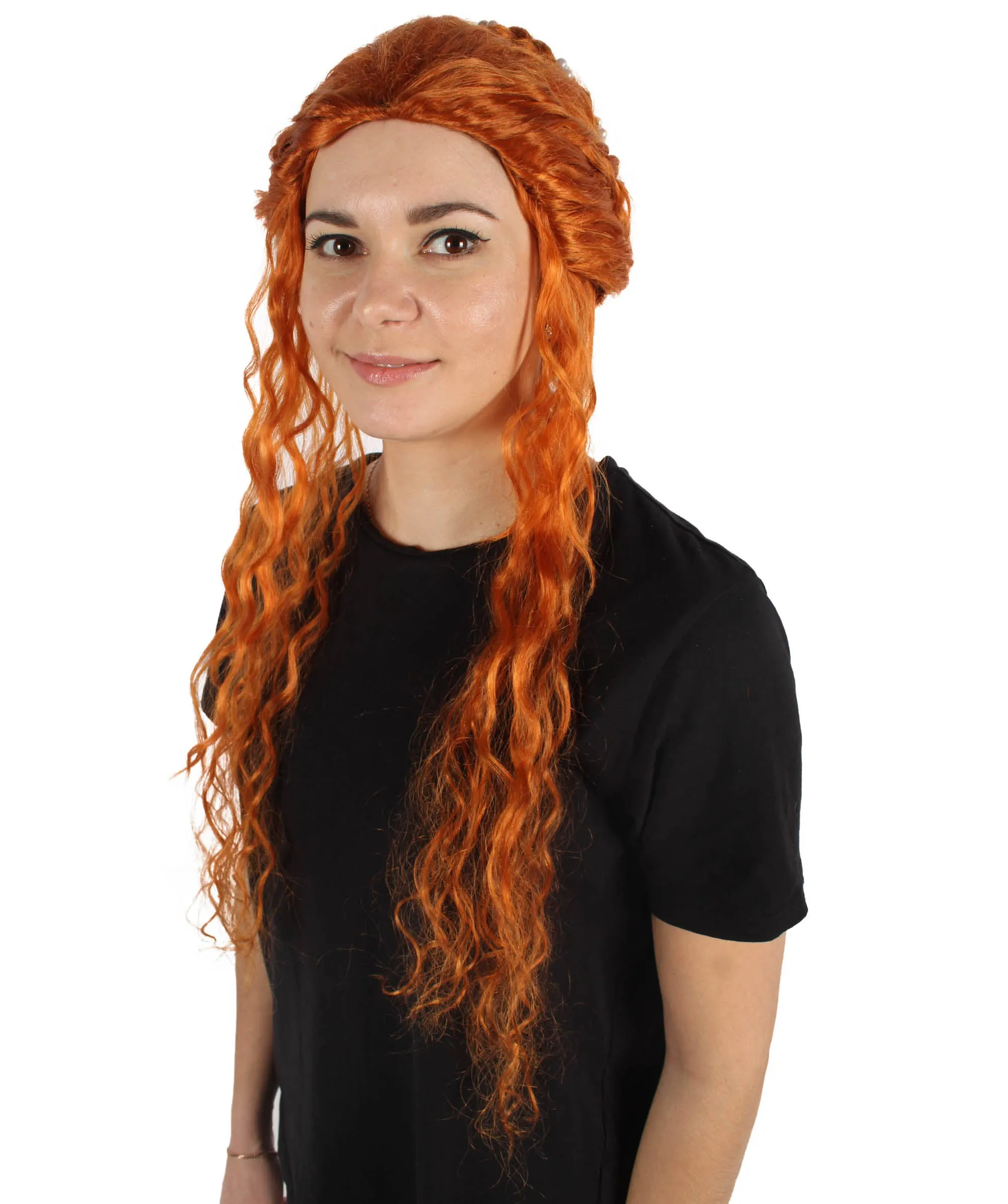 HPO Adult Women's Renaissance Long Curly Orange Wig | Perfect for Halloween| Flame-retardant Synthetic Fiber