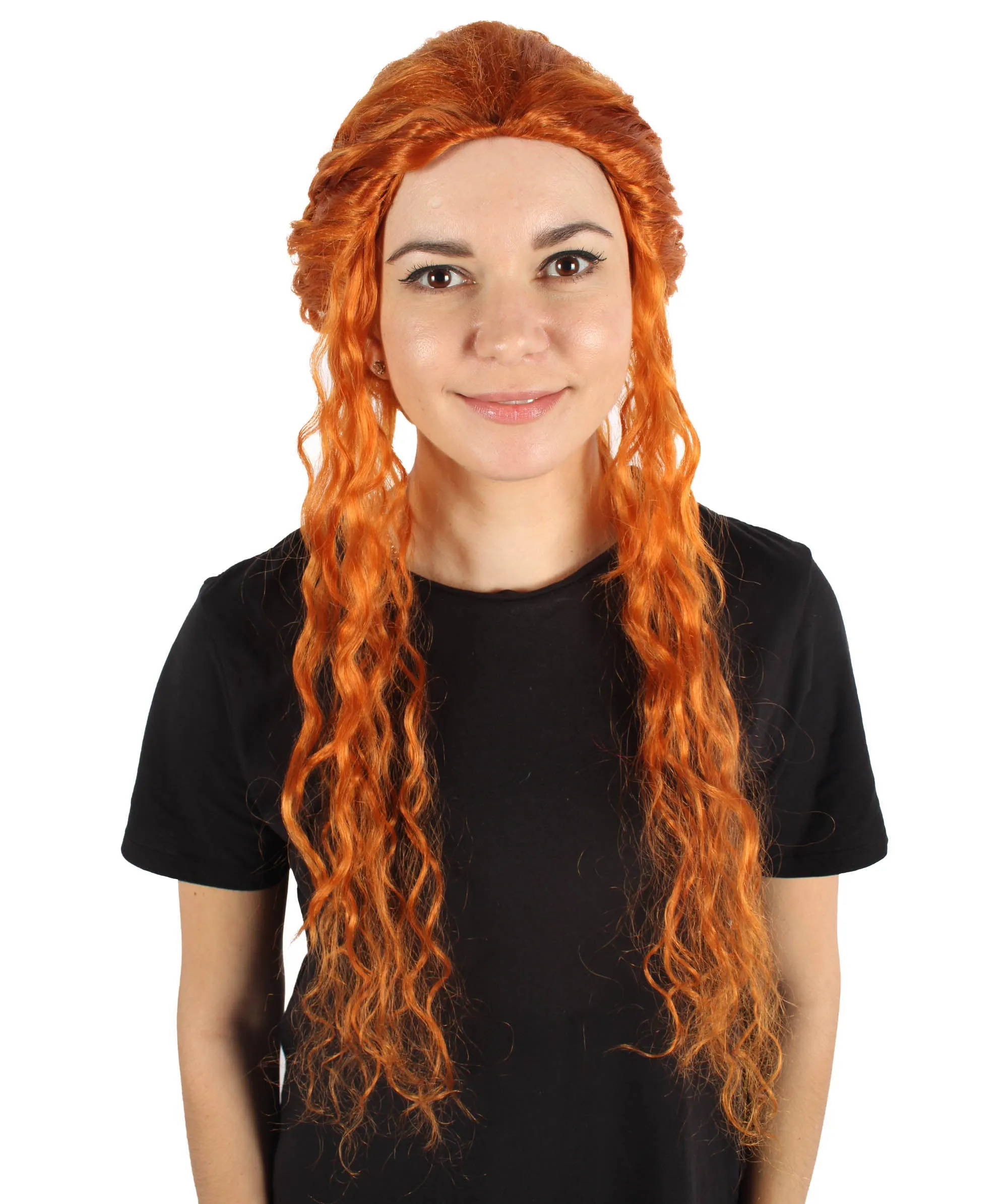 HPO Adult Women's Renaissance Long Curly Orange Wig | Perfect for Halloween| Flame-retardant Synthetic Fiber