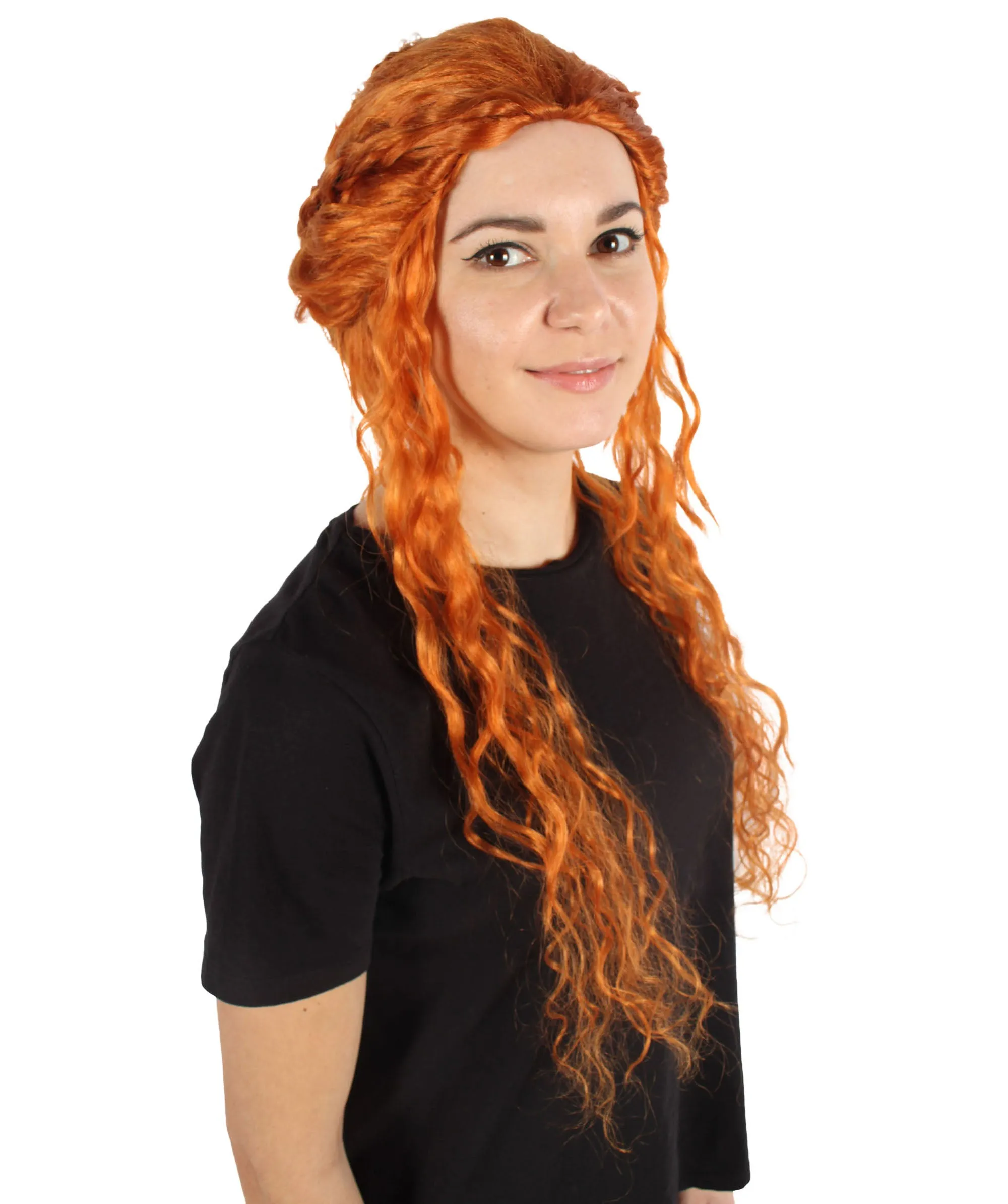 HPO Adult Women's Renaissance Long Curly Orange Wig | Perfect for Halloween| Flame-retardant Synthetic Fiber