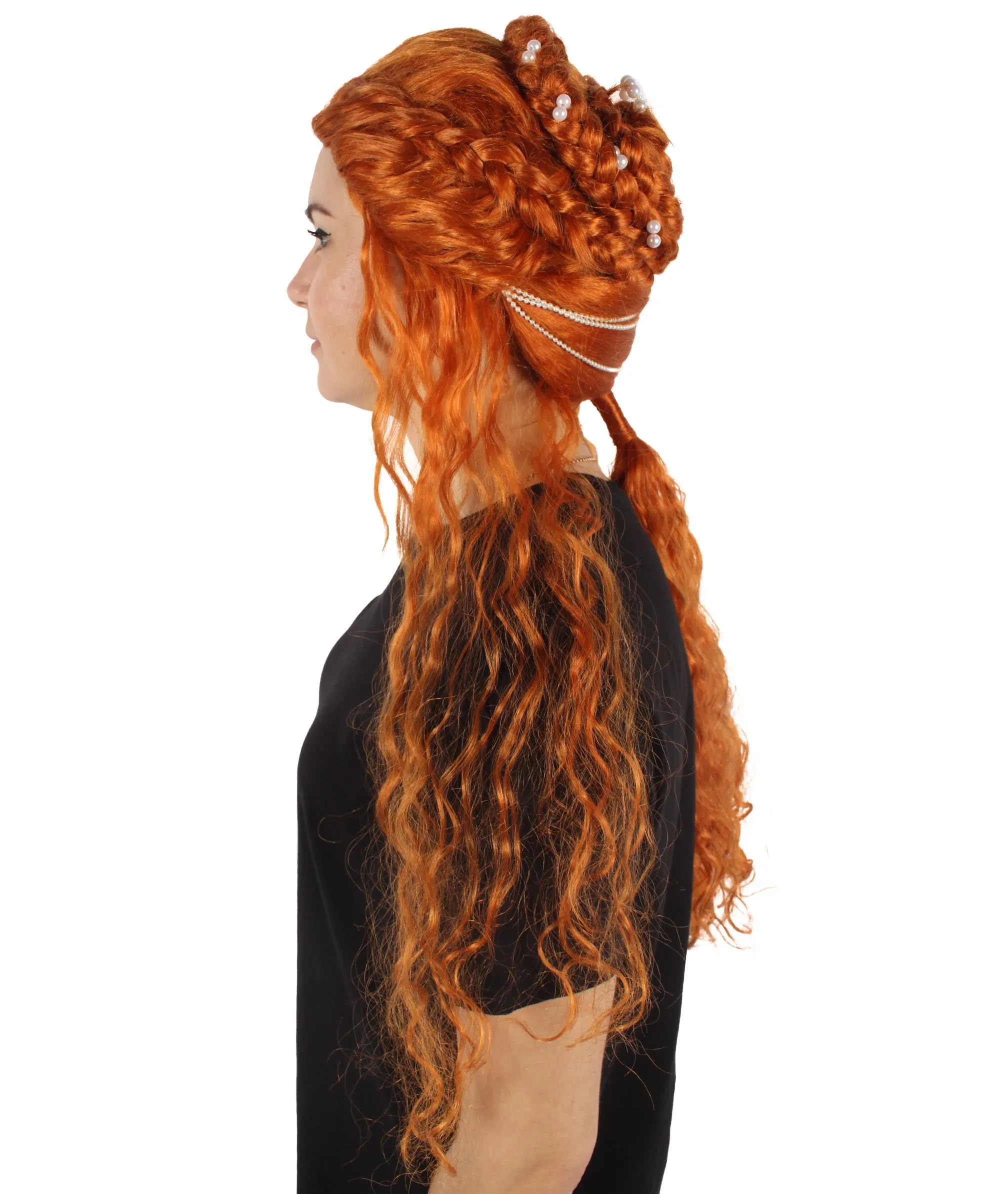 HPO Adult Women's Renaissance Long Curly Orange Wig | Perfect for Halloween| Flame-retardant Synthetic Fiber