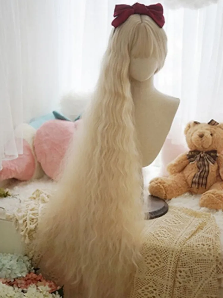 Light Blonde Long Curly Wig With Full Bangs