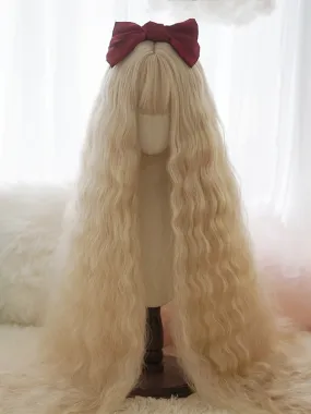 Light Blonde Long Curly Wig With Full Bangs