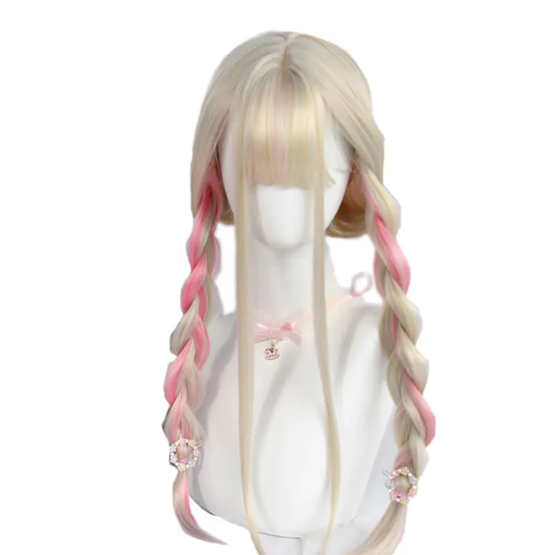 Pastel Beige Pink Hanging Ears Long Straight Hair Wig
