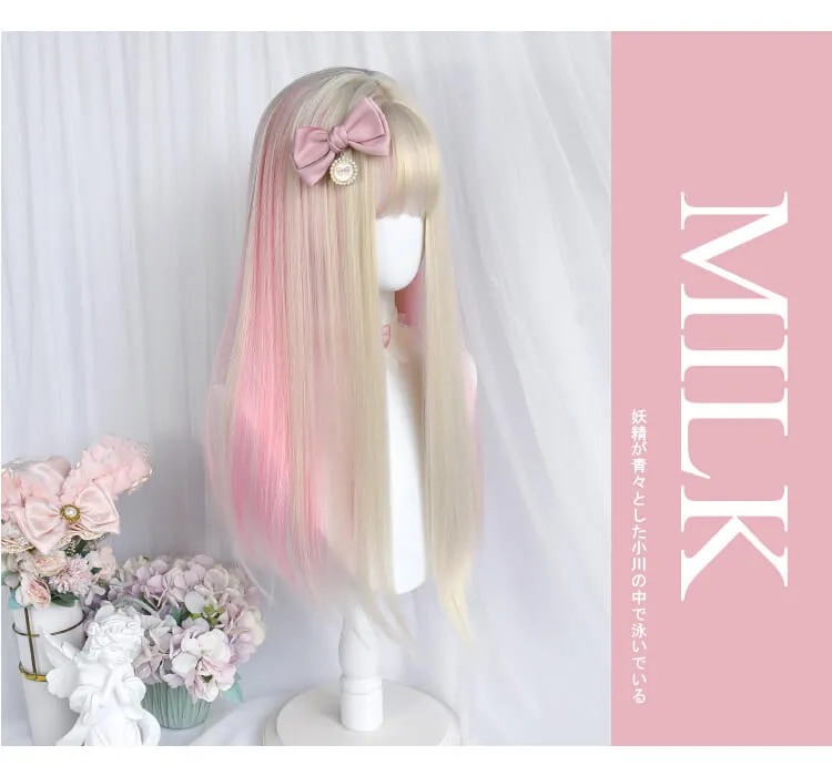 Pastel Beige Pink Hanging Ears Long Straight Hair Wig