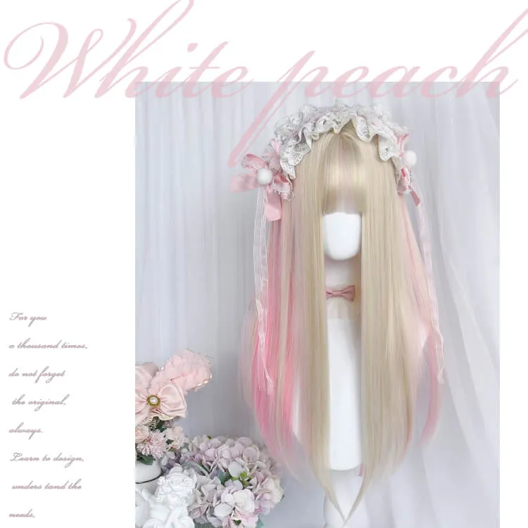 Pastel Beige Pink Hanging Ears Long Straight Hair Wig