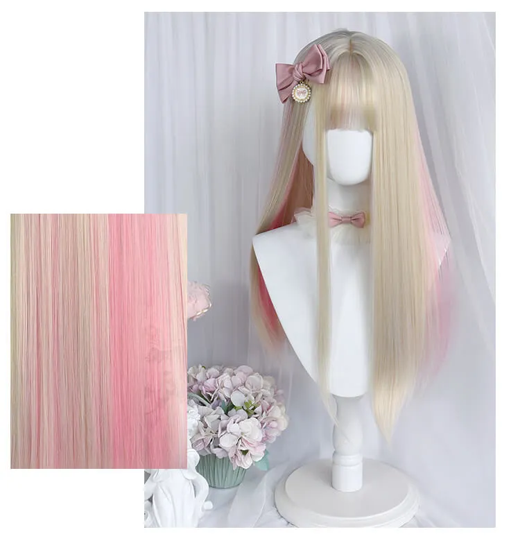 Pastel Beige Pink Hanging Ears Long Straight Hair Wig
