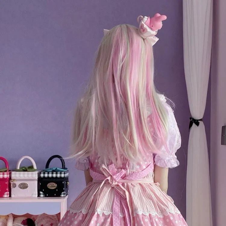 Pastel Beige Pink Hanging Ears Long Straight Hair Wig