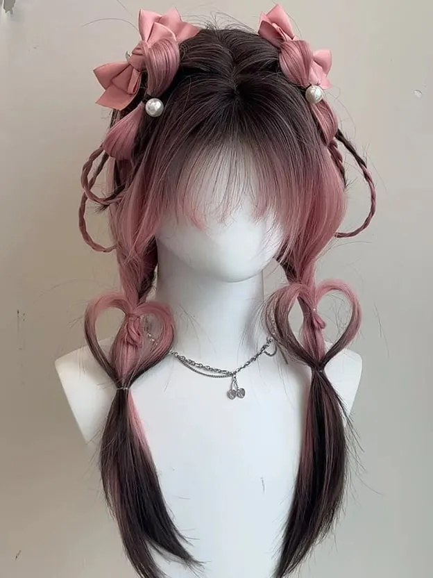 Pink-black Ombre Under Bust Length Straight Synthetic Wig With Bangs