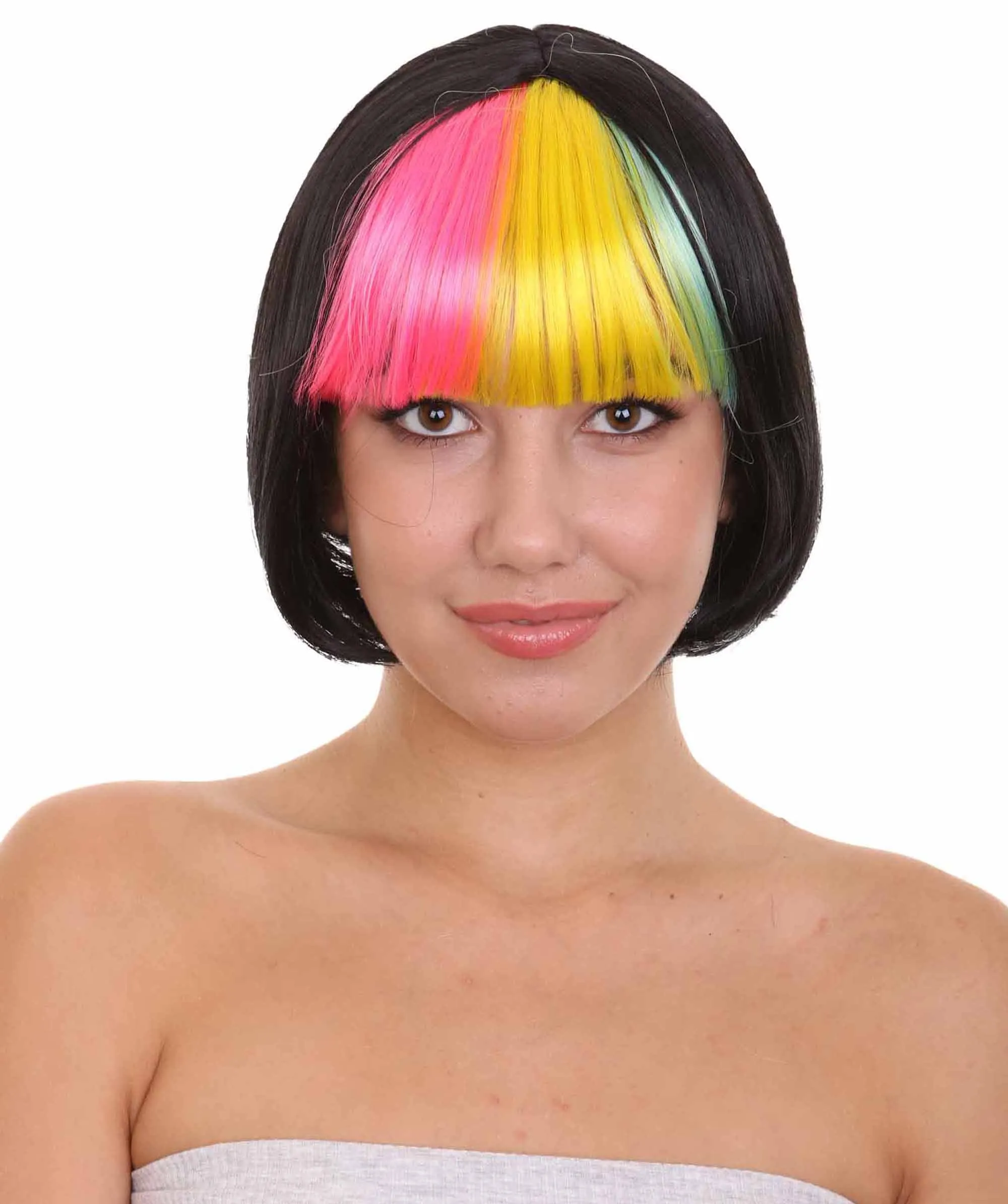 Pop Rainbow Bang Bob Womens Wig | colorful Party Ready Fancy Cosplay Halloween Wig | Premium Breathable Capless Cap