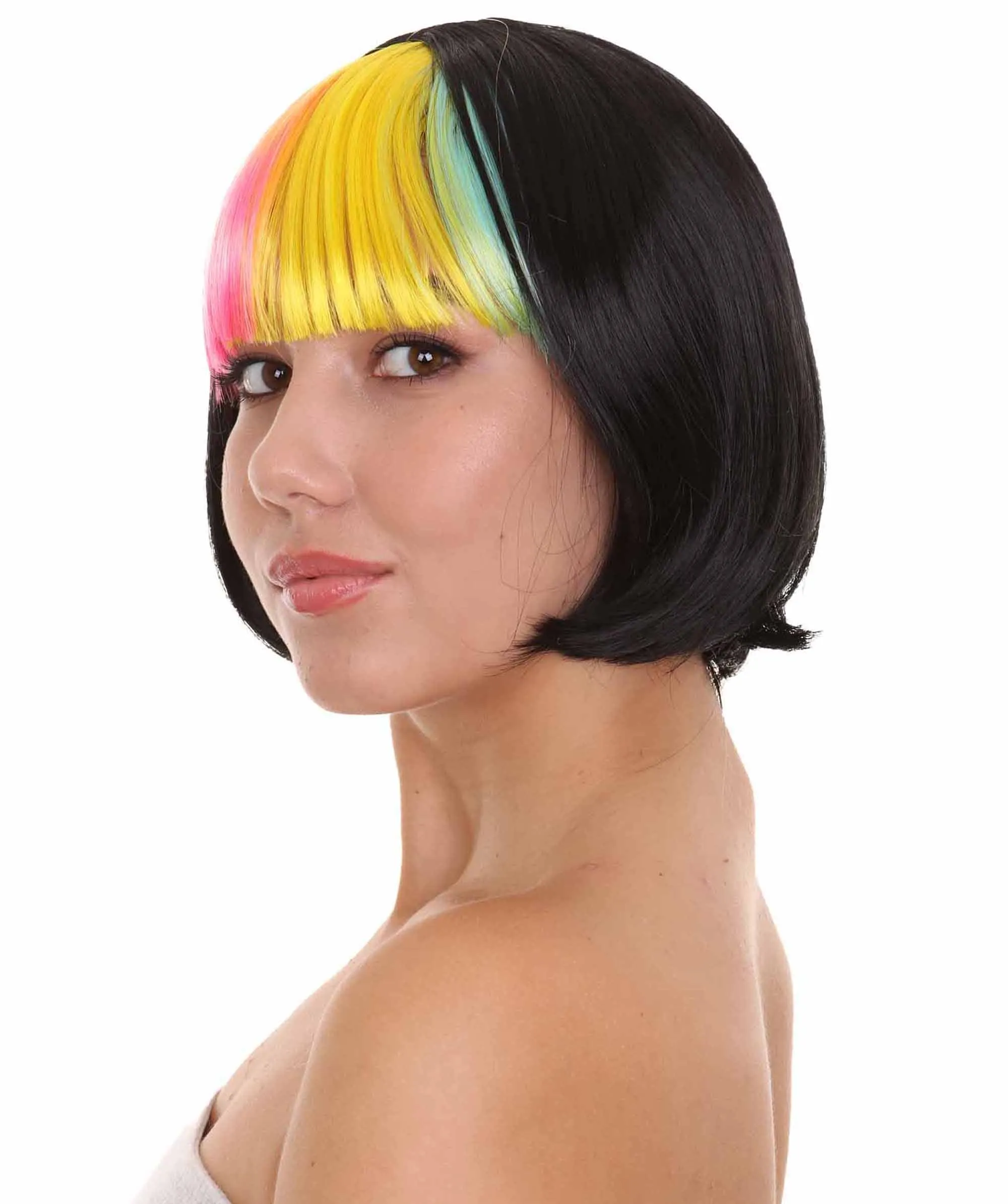 Pop Rainbow Bang Bob Womens Wig | colorful Party Ready Fancy Cosplay Halloween Wig | Premium Breathable Capless Cap