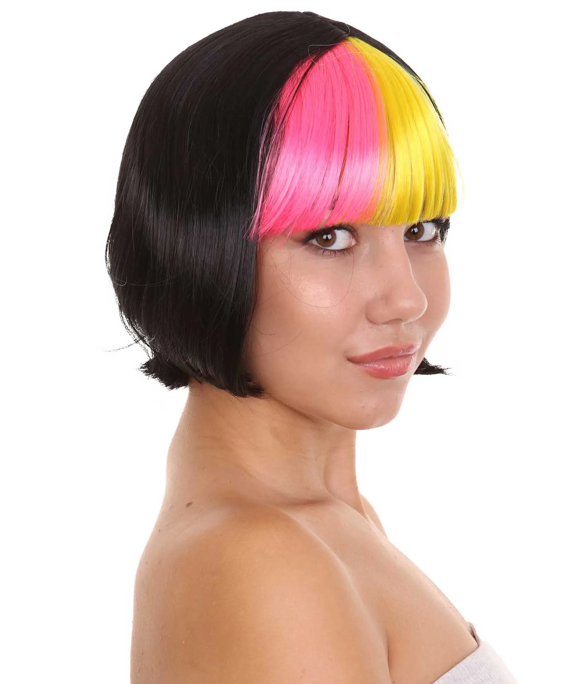 Pop Rainbow Bang Bob Womens Wig | colorful Party Ready Fancy Cosplay Halloween Wig | Premium Breathable Capless Cap