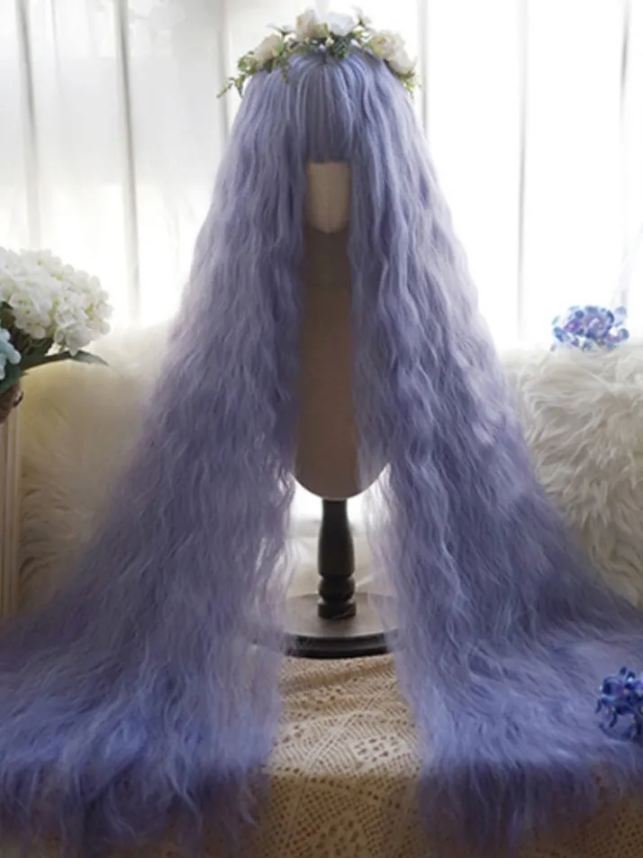 Purple Long Curly Wig With Full Bangs