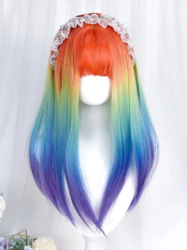 Rainbow Color Under Bust Length Straight Wig With Full Bangs