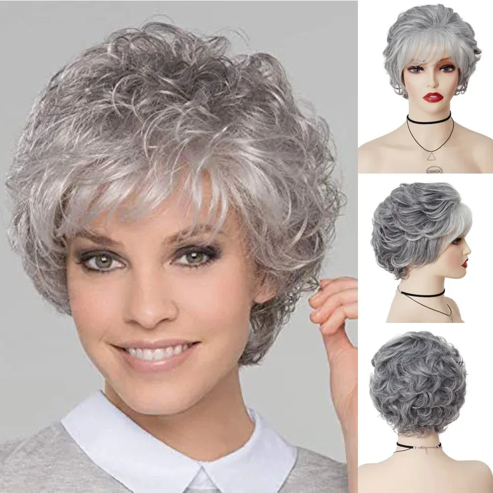 Short Blonde Wig with Bangs for Women Layered Haircut Curly Hair Replacement Wigs Fashion Pixie Cut Natural Mommy Wig