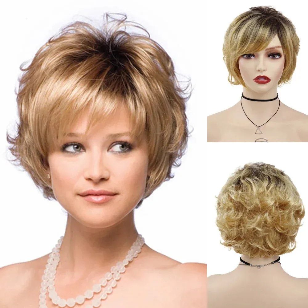 Short Blonde Wig with Bangs for Women Layered Haircut Curly Hair Replacement Wigs Fashion Pixie Cut Natural Mommy Wig