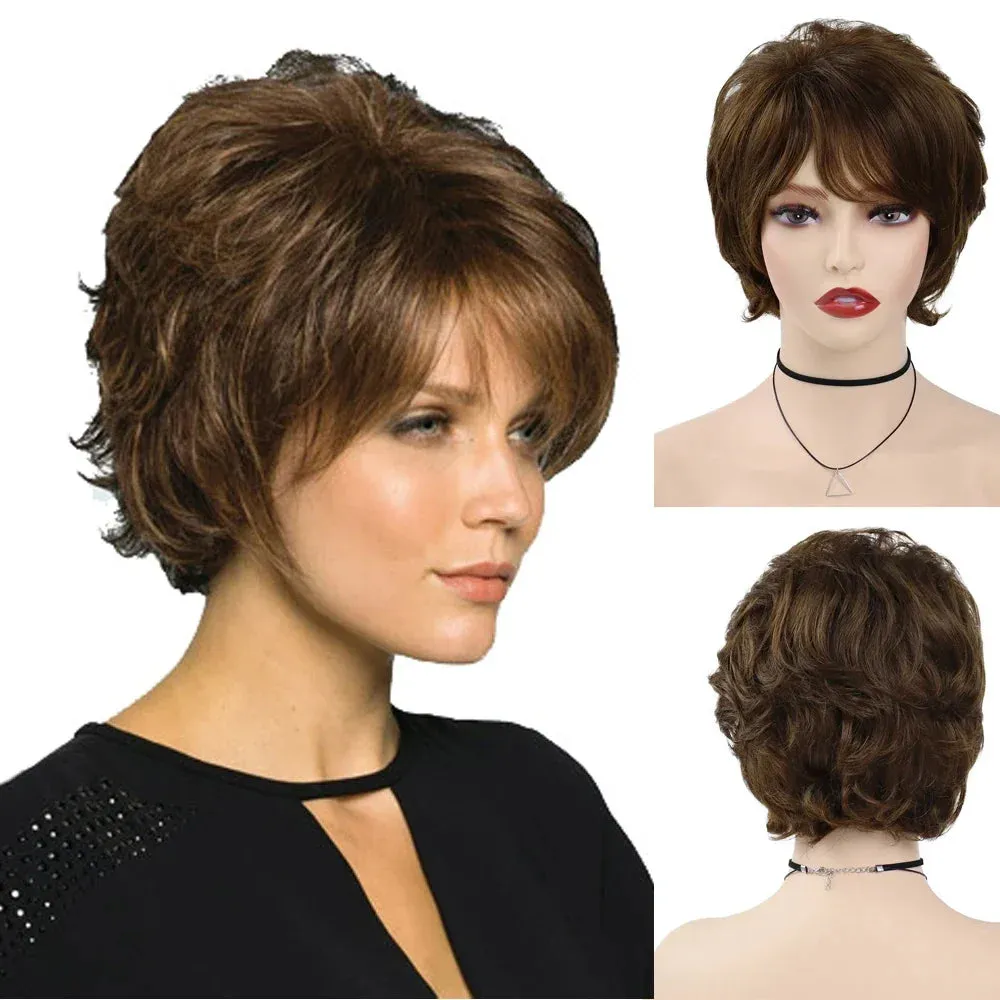 Short Blonde Wig with Bangs for Women Layered Haircut Curly Hair Replacement Wigs Fashion Pixie Cut Natural Mommy Wig