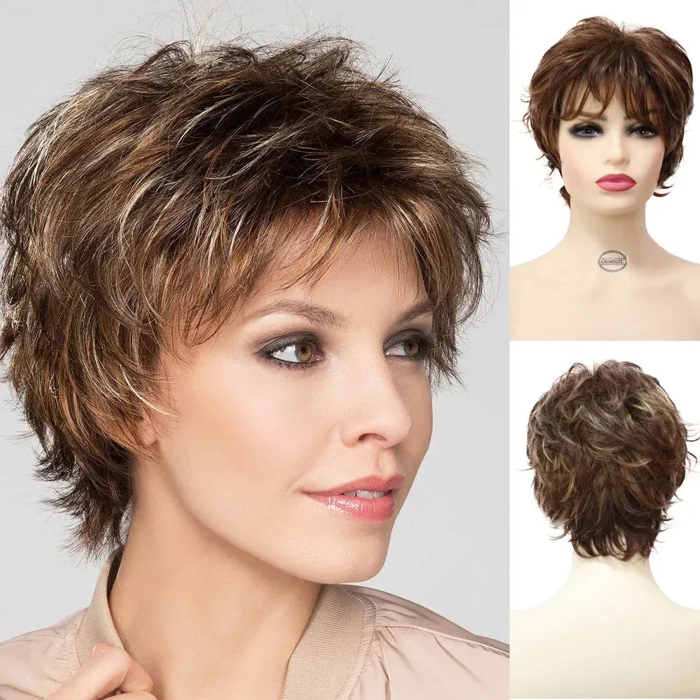 Short Blonde Wig with Bangs for Women Layered Haircut Curly Hair Replacement Wigs Fashion Pixie Cut Natural Mommy Wig