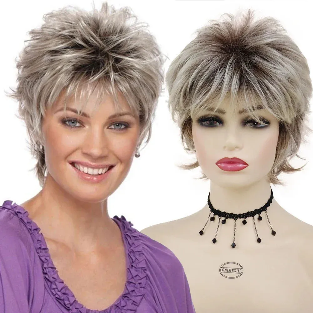 Short Blonde Wig with Bangs for Women Layered Haircut Curly Hair Replacement Wigs Fashion Pixie Cut Natural Mommy Wig