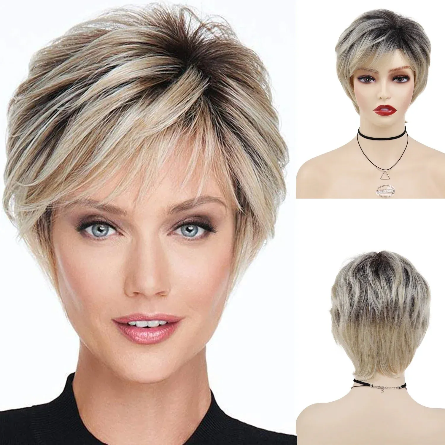 Short Blonde Wig with Bangs for Women Layered Haircut Curly Hair Replacement Wigs Fashion Pixie Cut Natural Mommy Wig