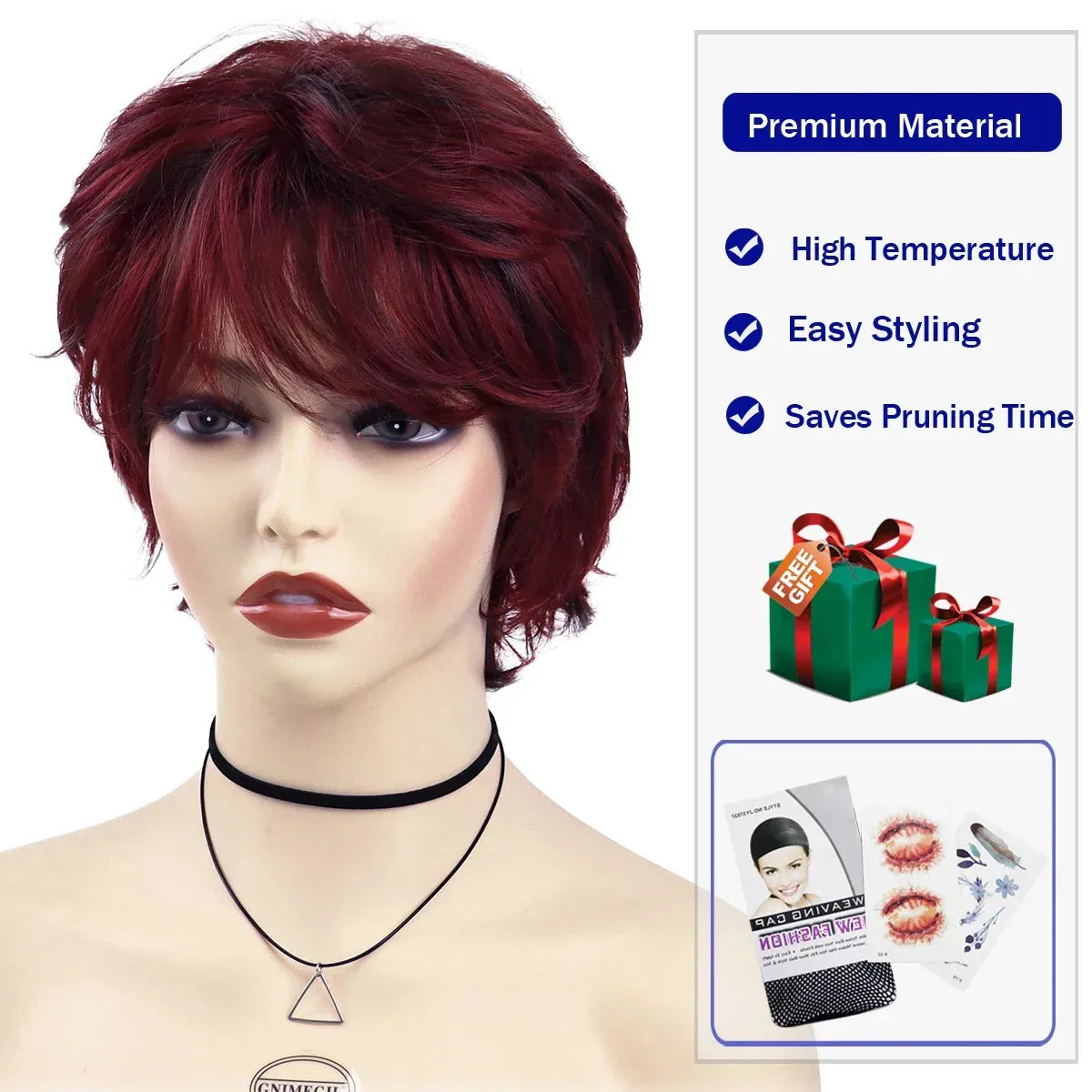 Short Wigs for Women Synthetic Red Hair Wigs with Bangs Natural Curly Haircut Ombre Color Mommy Wig Mother Elderly Wigs