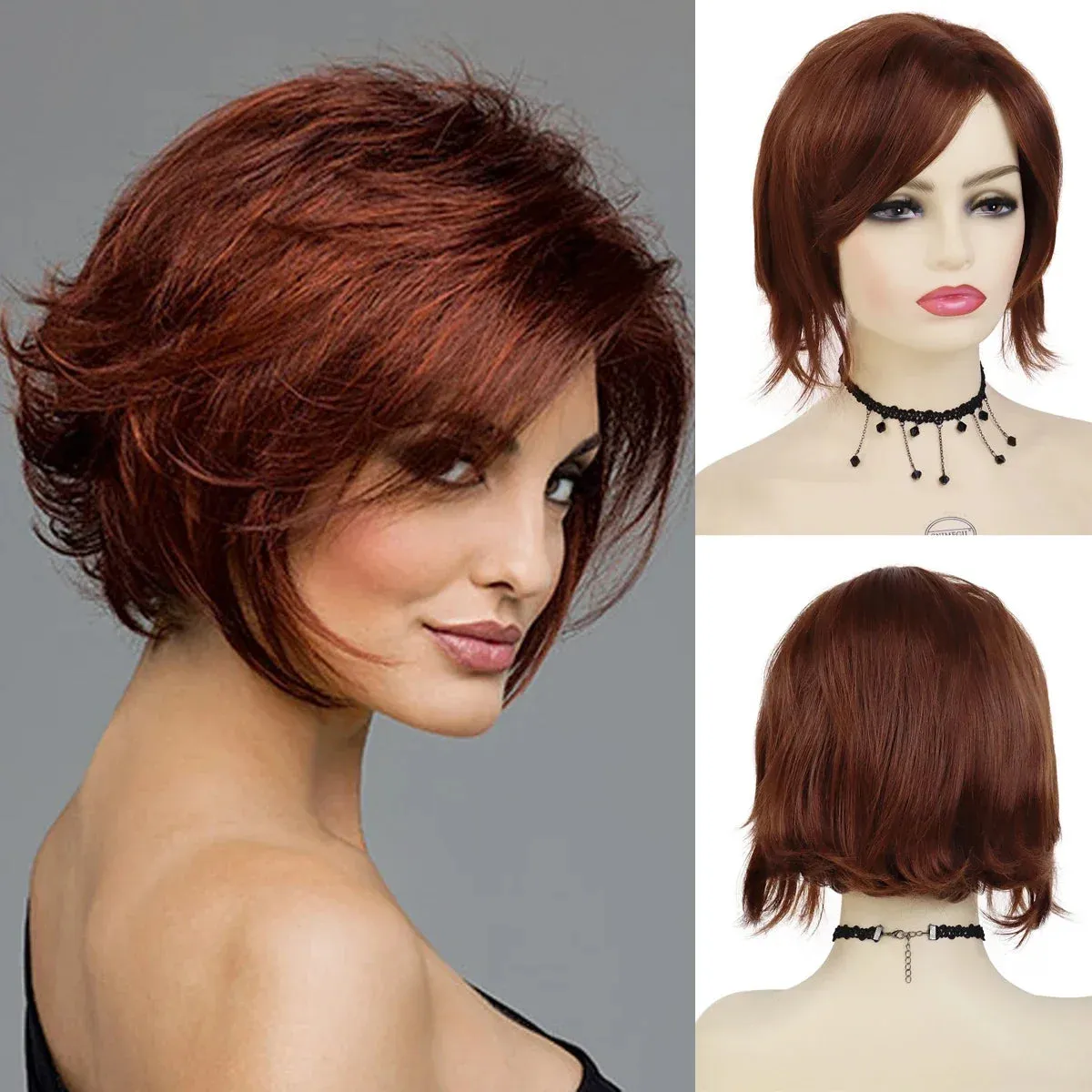 Short Wigs for Women Synthetic Red Hair Wigs with Bangs Natural Curly Haircut Ombre Color Mommy Wig Mother Elderly Wigs