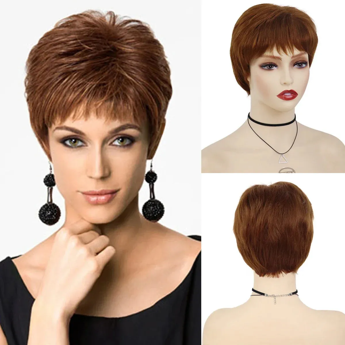 Short Wigs for Women Synthetic Red Hair Wigs with Bangs Natural Curly Haircut Ombre Color Mommy Wig Mother Elderly Wigs