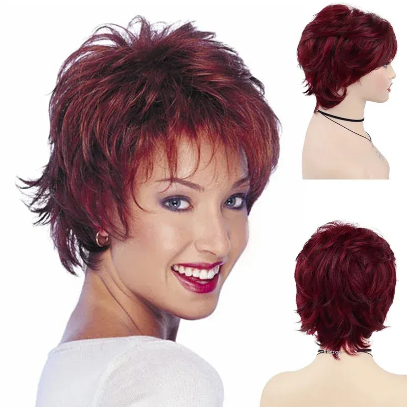Short Wigs for Women Synthetic Red Hair Wigs with Bangs Natural Curly Haircut Ombre Color Mommy Wig Mother Elderly Wigs