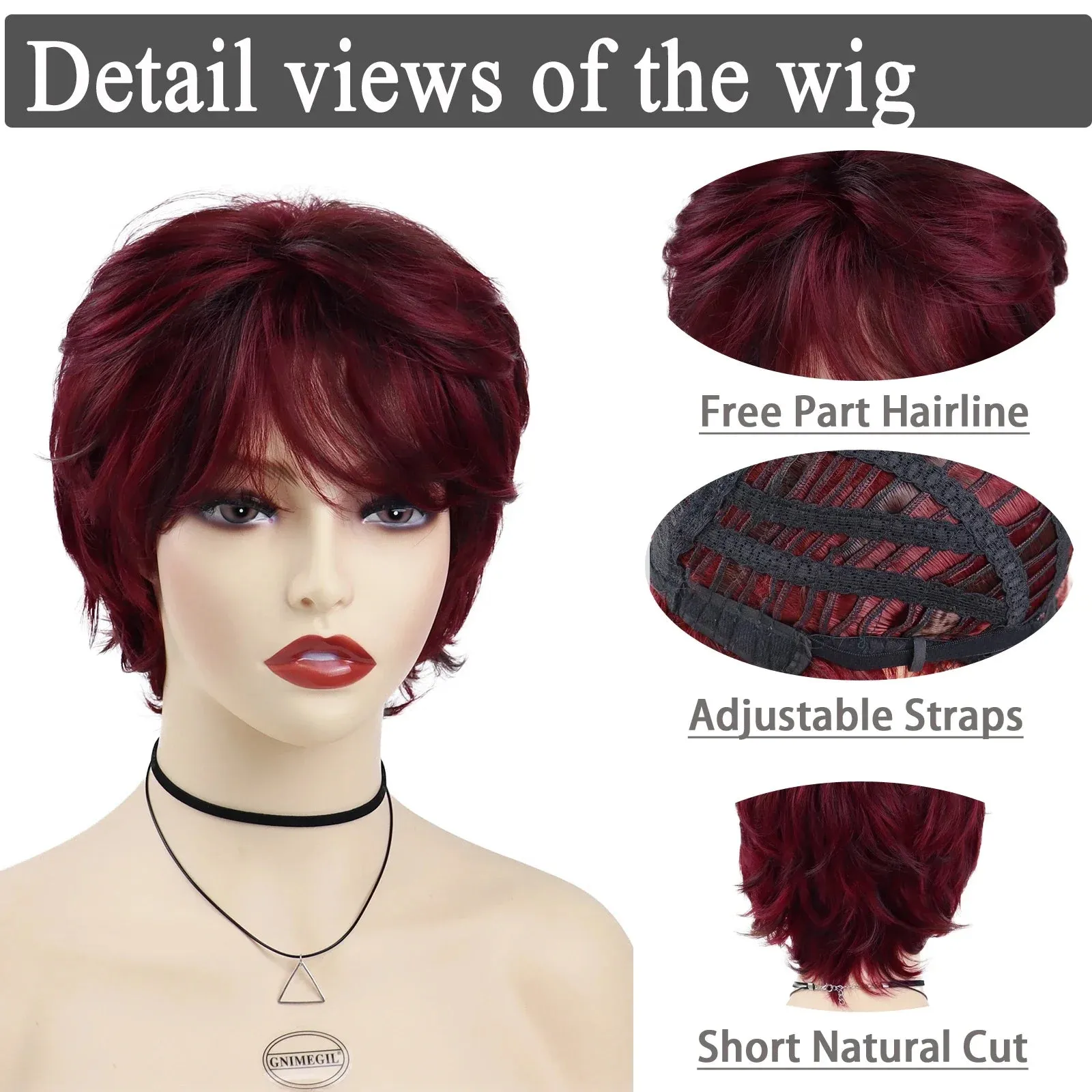 Short Wigs for Women Synthetic Red Hair Wigs with Bangs Natural Curly Haircut Ombre Color Mommy Wig Mother Elderly Wigs