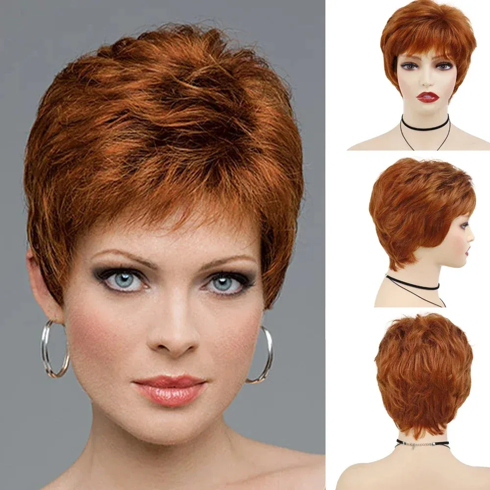 Short Wigs for Women Synthetic Red Hair Wigs with Bangs Natural Curly Haircut Ombre Color Mommy Wig Mother Elderly Wigs