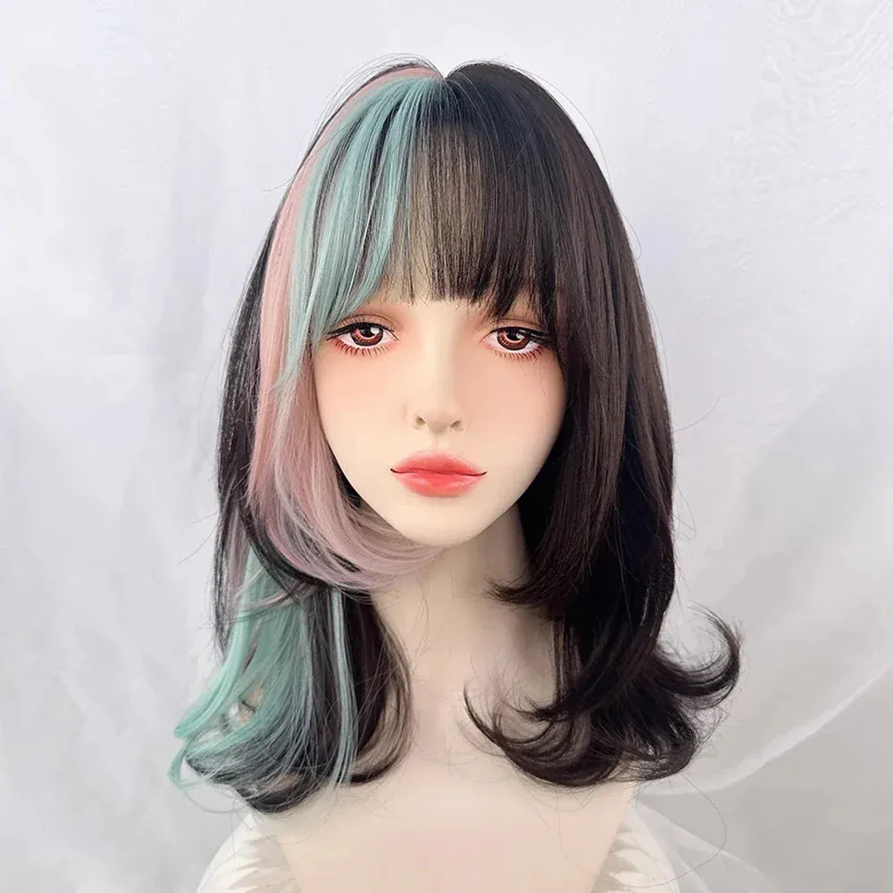 SINOTAO  -   Short Wavy Ombre Brown Pink Mixed Wig with Bangs Synthetic Lolita Cosplay Natural Women Fluffy Hair Wig for Daily Party