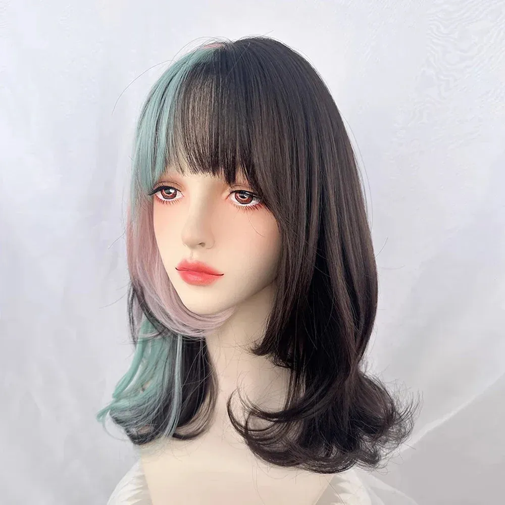 SINOTAO  -   Short Wavy Ombre Brown Pink Mixed Wig with Bangs Synthetic Lolita Cosplay Natural Women Fluffy Hair Wig for Daily Party