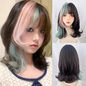 SINOTAO  -   Short Wavy Ombre Brown Pink Mixed Wig with Bangs Synthetic Lolita Cosplay Natural Women Fluffy Hair Wig for Daily Party