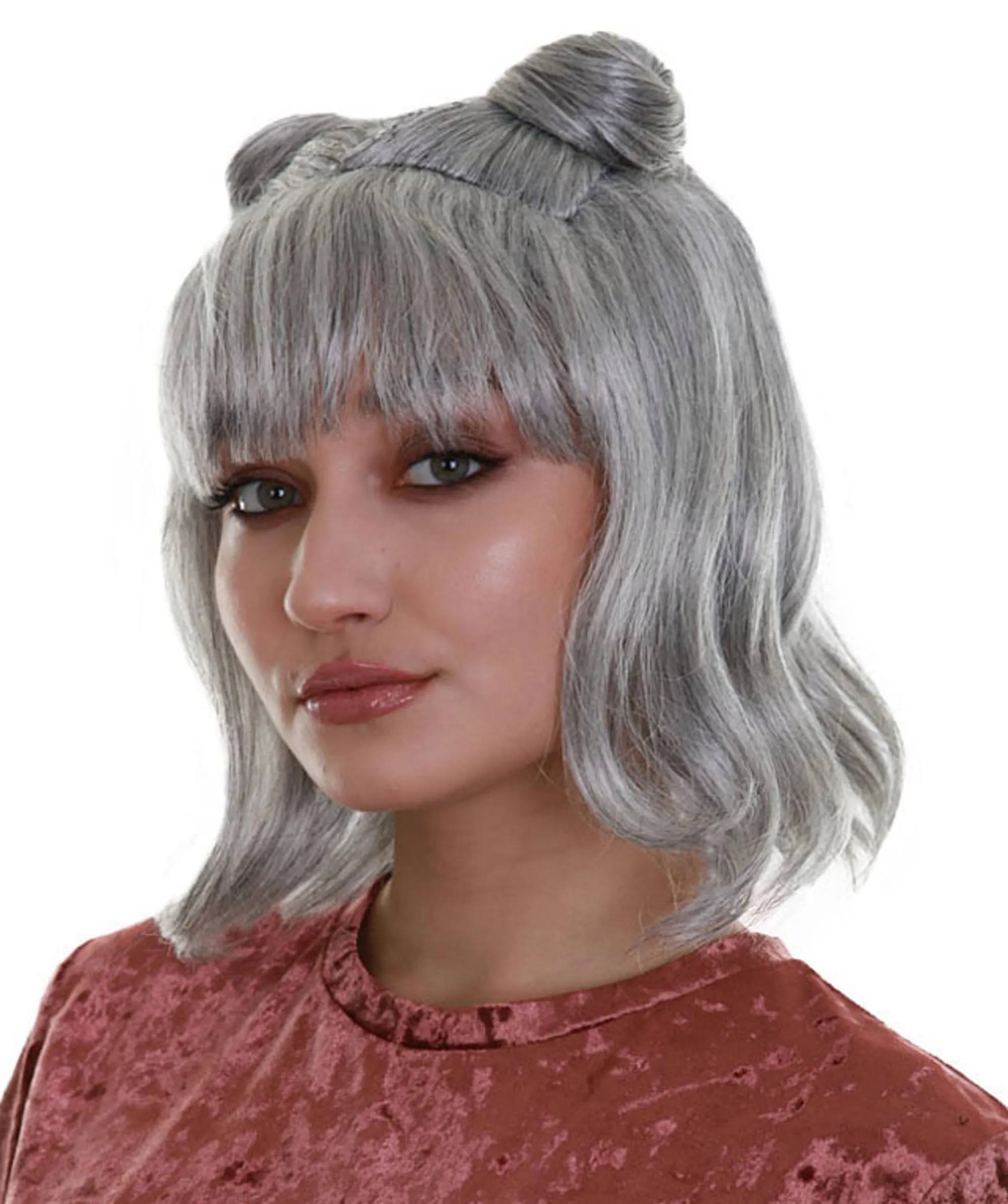 Space Buns | Women's Grey Color Straight Shoulder Length Trendy Space Buns Wig